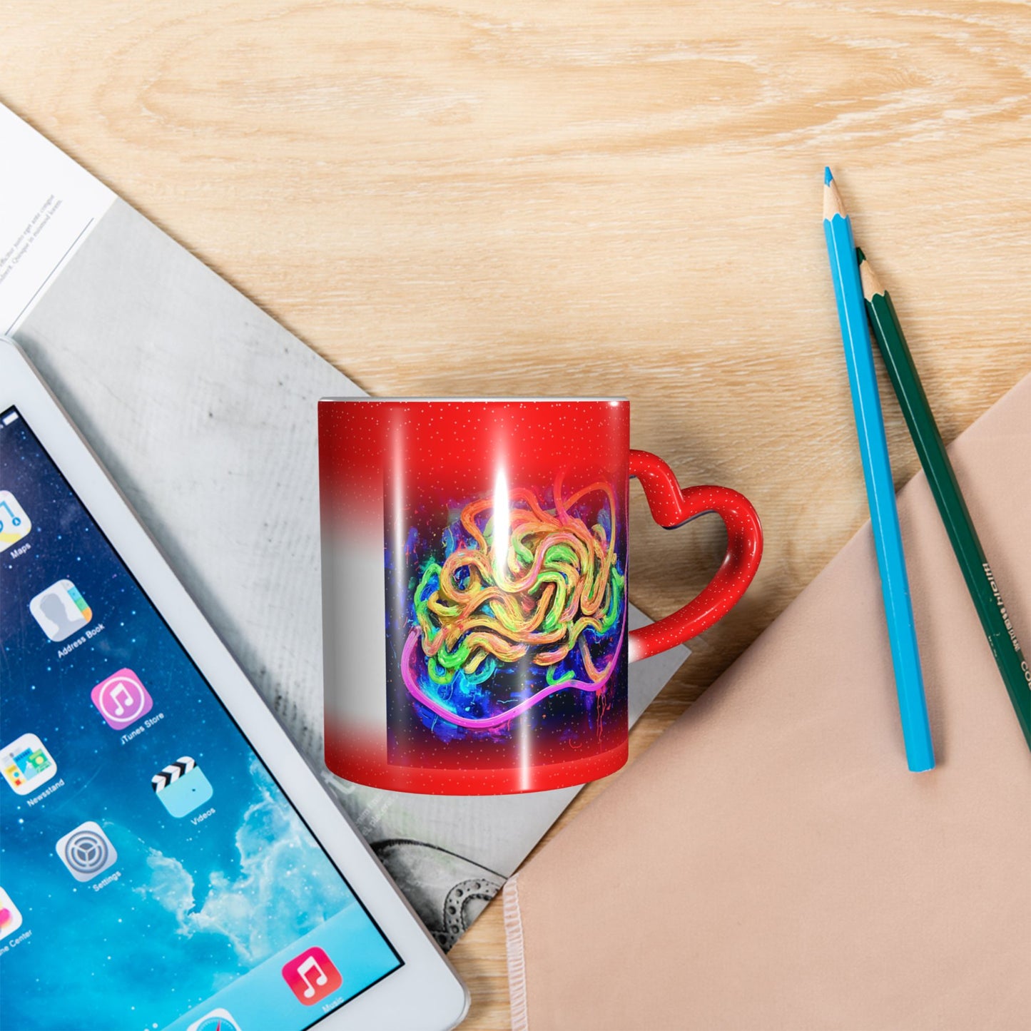 Colorful Abstract Tangle Design Mug – Heart Handle Heat Sensitive Ceramic Cup
