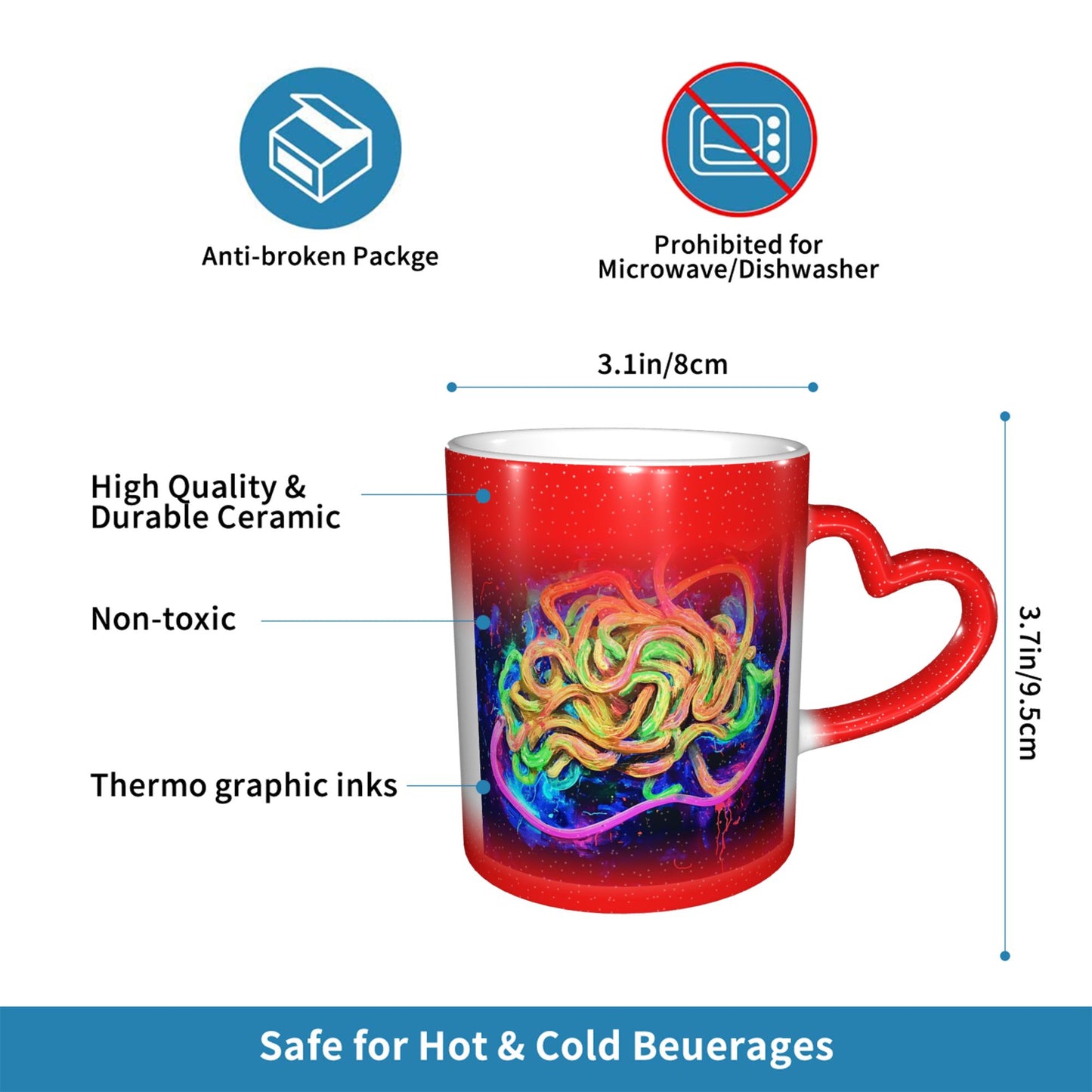 Colorful Abstract Tangle Design Mug – Heart Handle Heat Sensitive Ceramic Cup