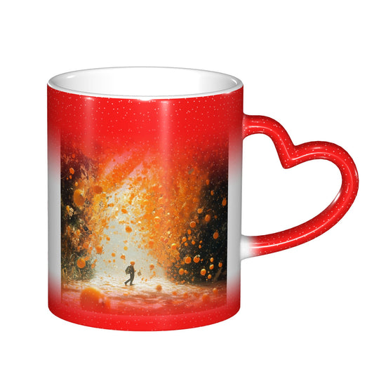 Fiery Art Scene Color Changing Mug – Heart Handle Heat Sensitive Ceramic Cup for Lovers