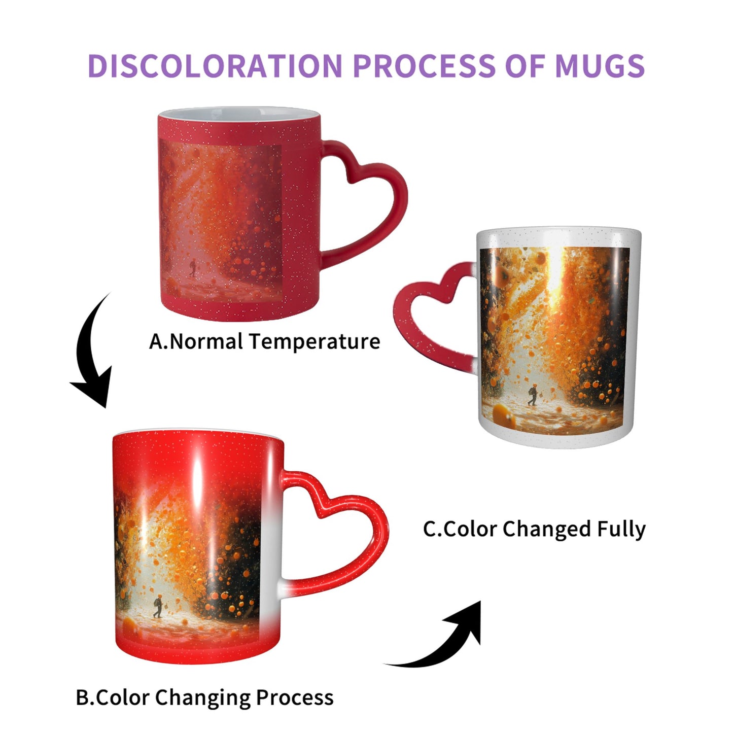Fiery Art Scene Color Changing Mug – Heart Handle Heat Sensitive Ceramic Cup for Lovers