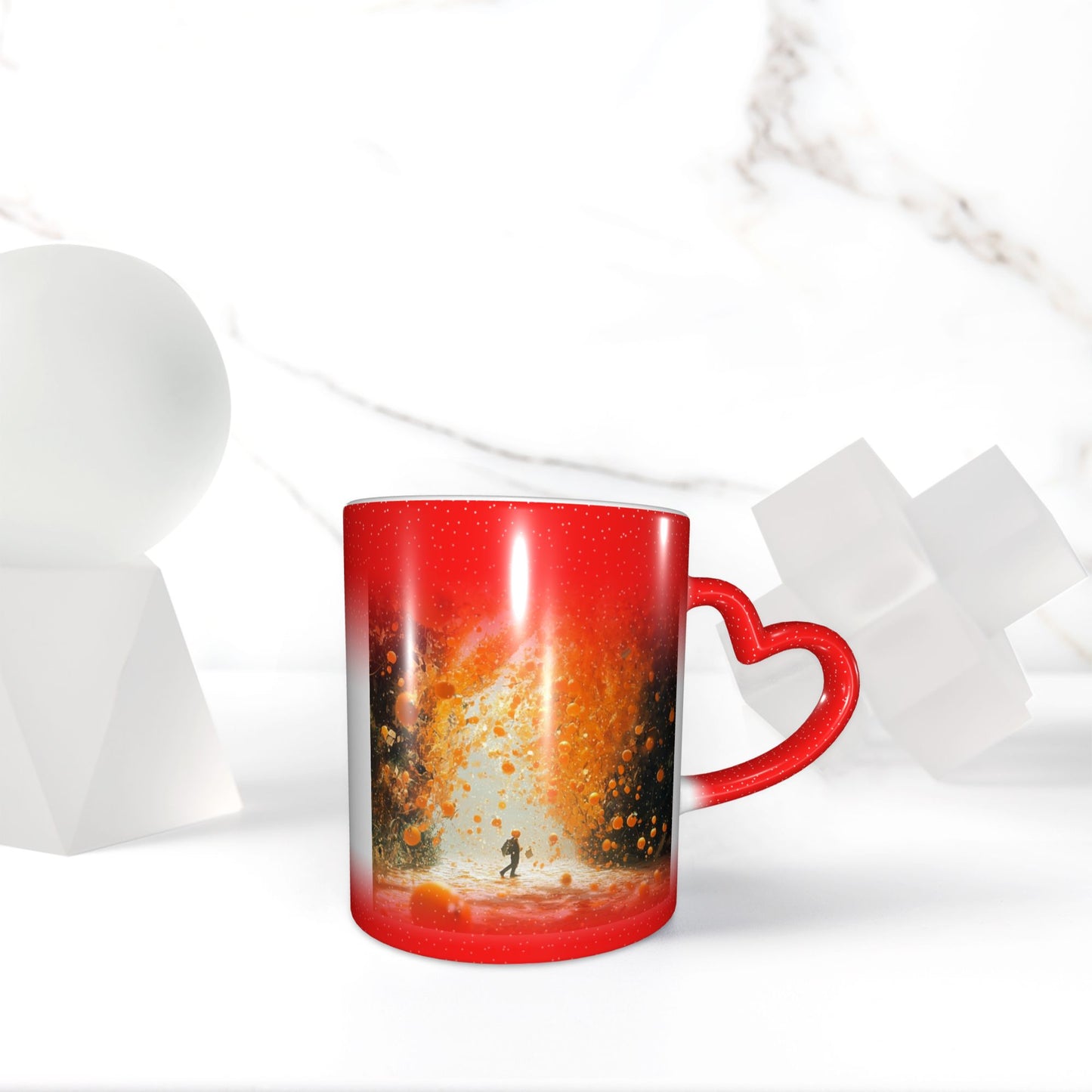 Fiery Art Scene Color Changing Mug – Heart Handle Heat Sensitive Ceramic Cup for Lovers