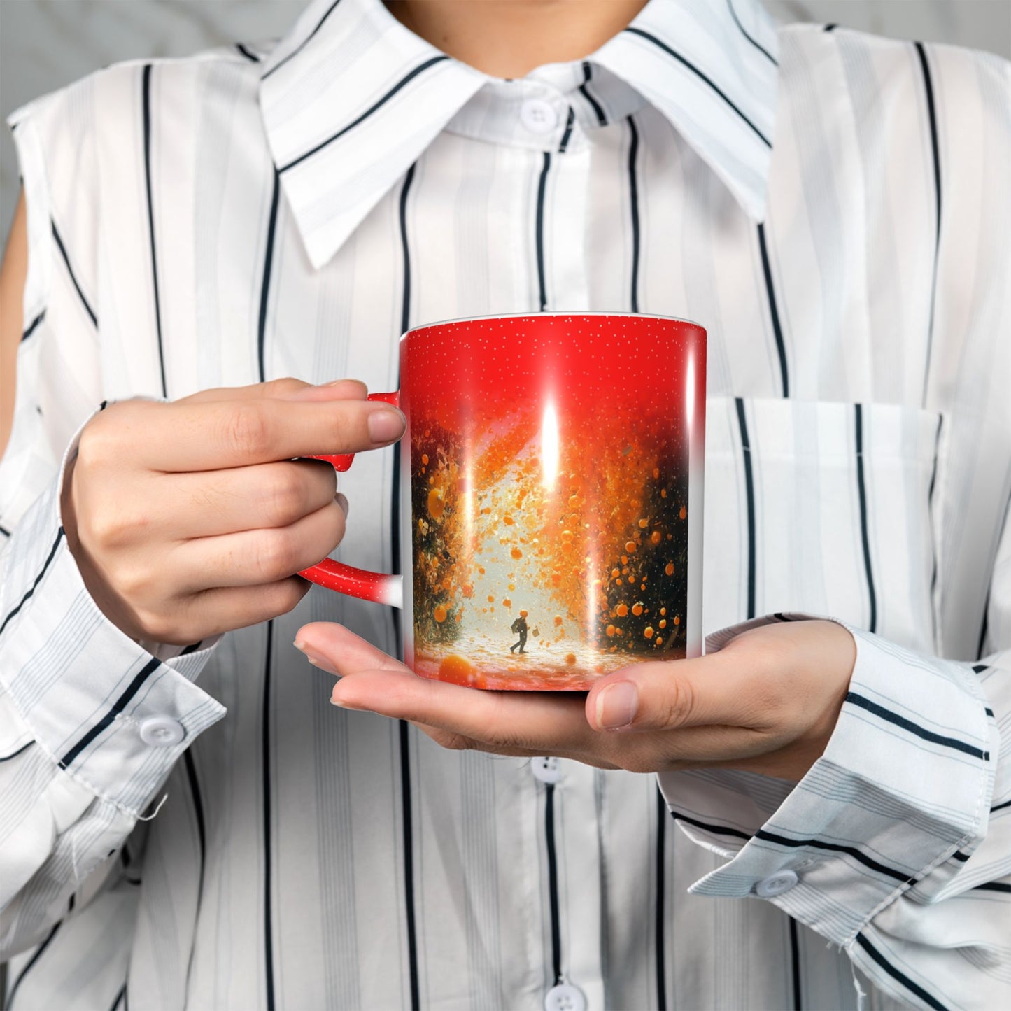 Fiery Art Scene Color Changing Mug – Heart Handle Heat Sensitive Ceramic Cup for Lovers