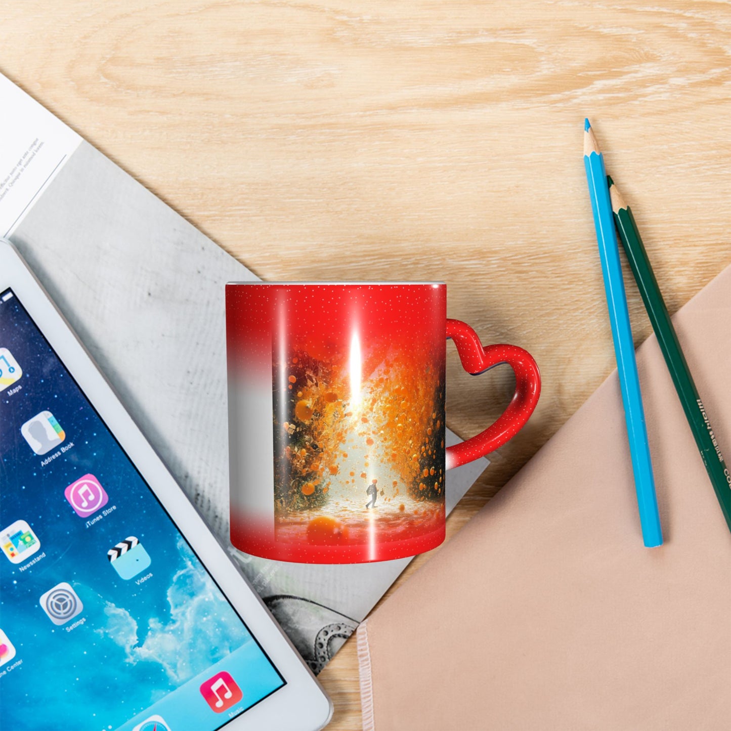 Fiery Art Scene Color Changing Mug – Heart Handle Heat Sensitive Ceramic Cup for Lovers