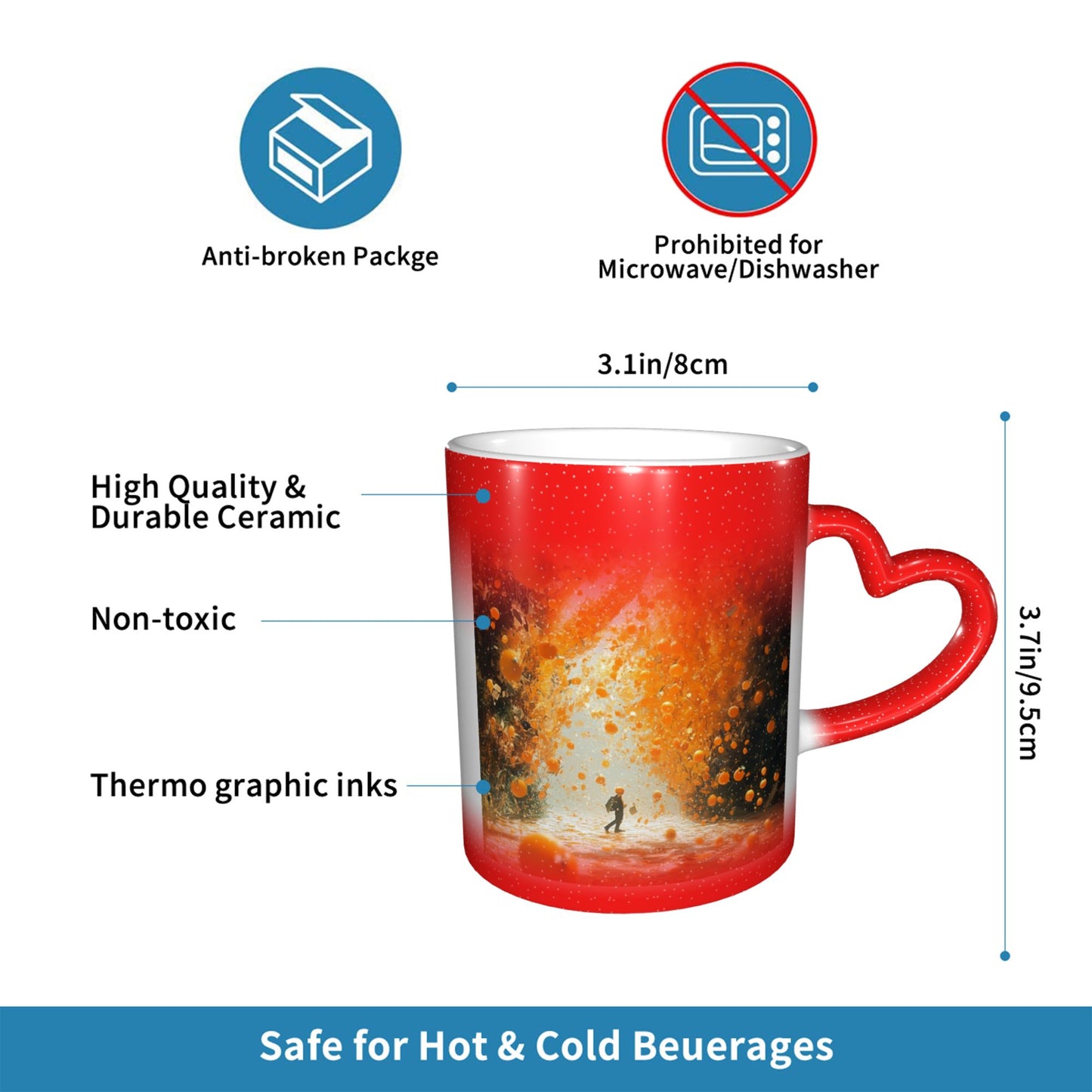 Fiery Art Scene Color Changing Mug – Heart Handle Heat Sensitive Ceramic Cup for Lovers