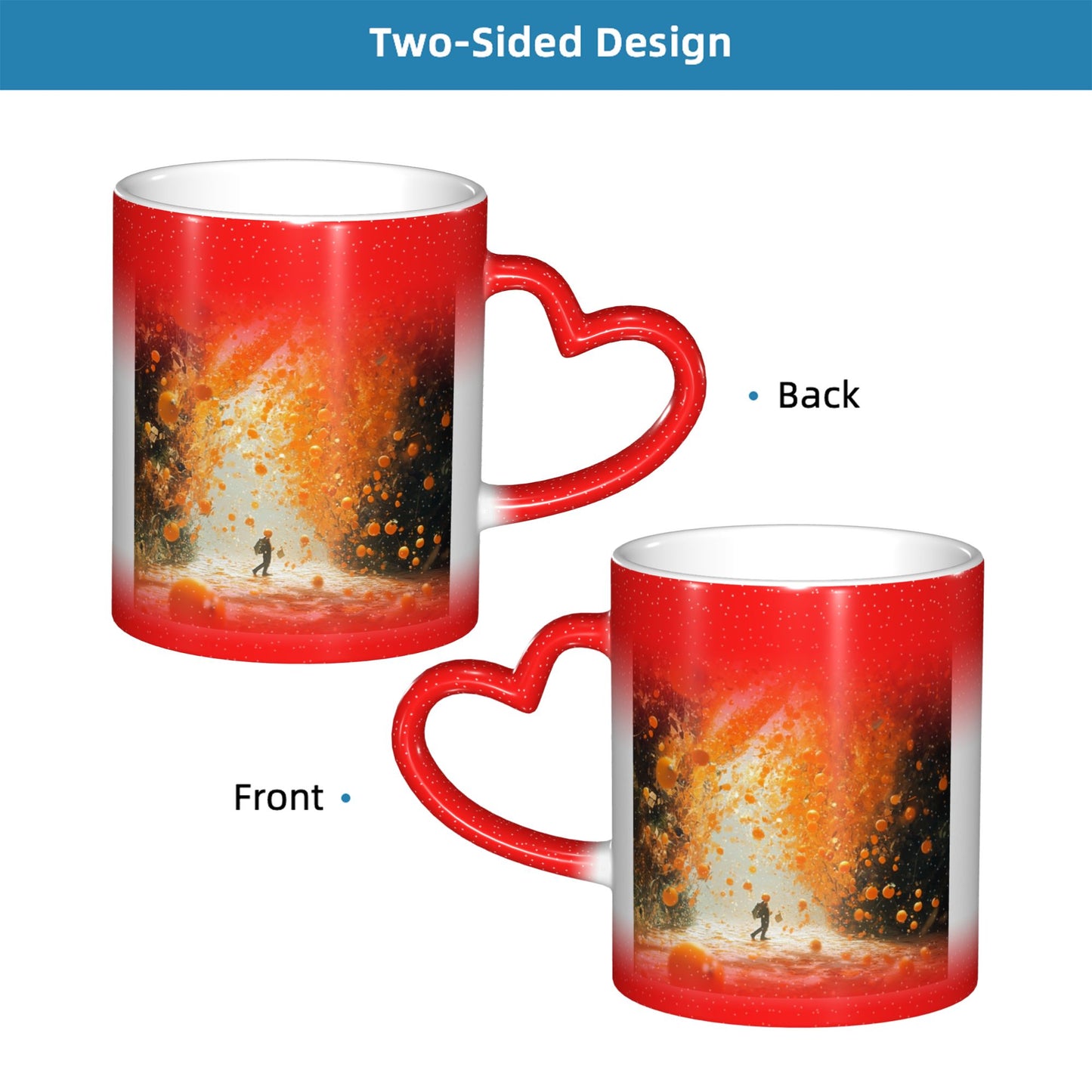 Fiery Art Scene Color Changing Mug – Heart Handle Heat Sensitive Ceramic Cup for Lovers