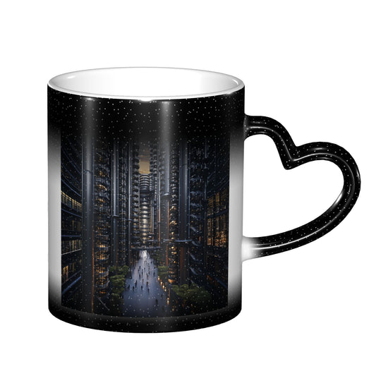 Cyber City Heat Sensitive Ceramic Mug – Black Heart Handle Color Changing Sci-Fi Cup