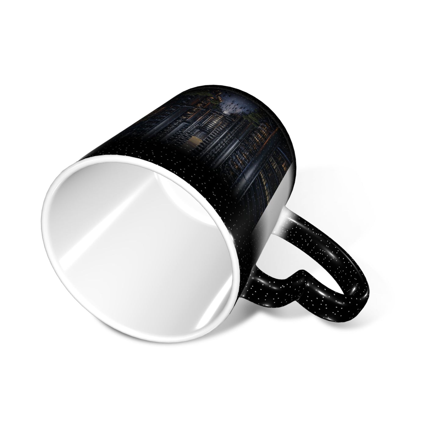Cyber City Heat Sensitive Ceramic Mug – Black Heart Handle Color Changing Sci-Fi Cup