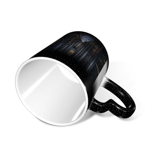 Cyber City Heat Sensitive Ceramic Mug – Black Heart Handle Color Changing Sci-Fi Cup