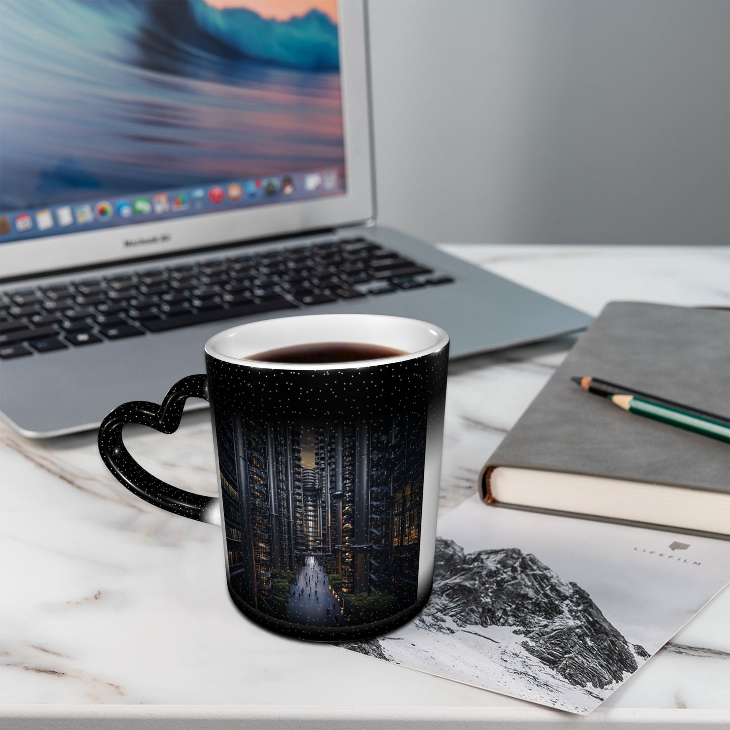 Cyber City Heat Sensitive Ceramic Mug – Black Heart Handle Color Changing Sci-Fi Cup