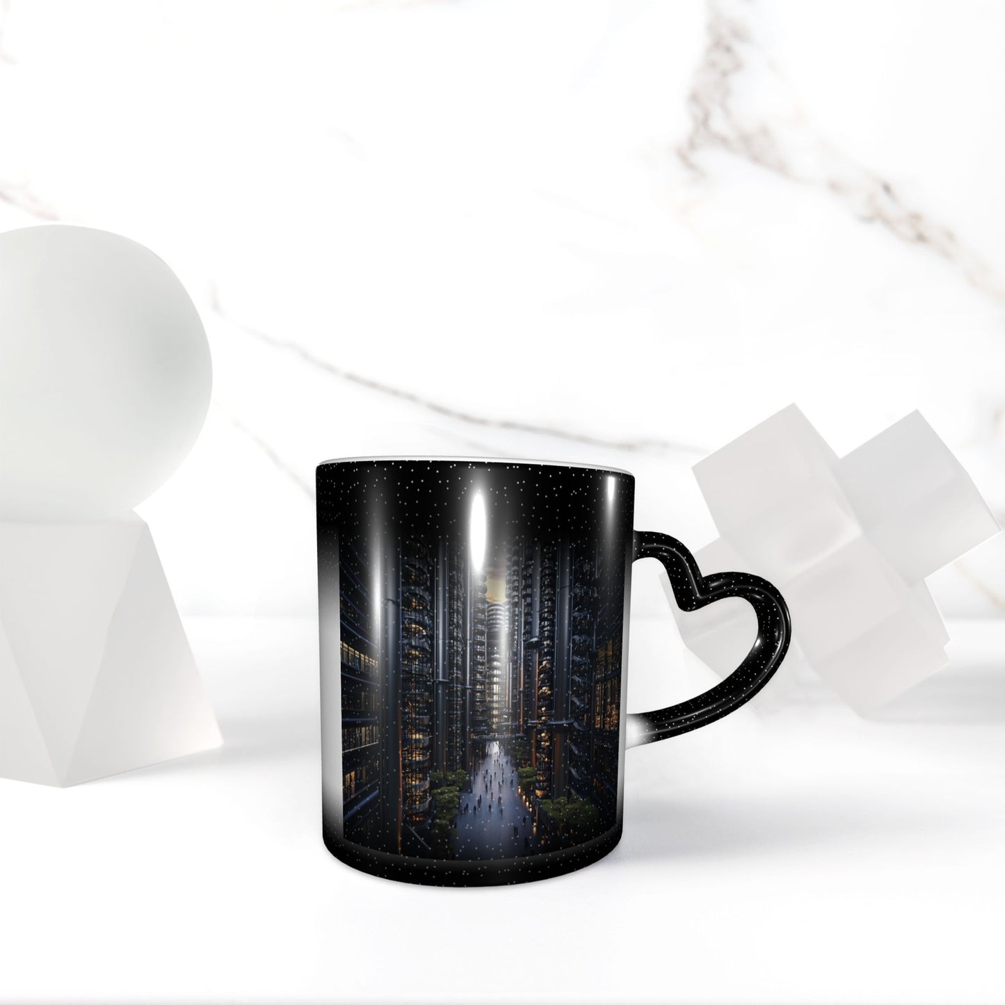 Cyber City Heat Sensitive Ceramic Mug – Black Heart Handle Color Changing Sci-Fi Cup
