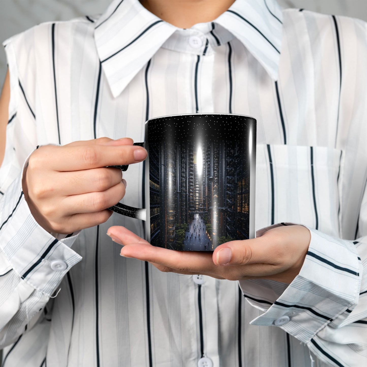 Cyber City Heat Sensitive Ceramic Mug – Black Heart Handle Color Changing Sci-Fi Cup