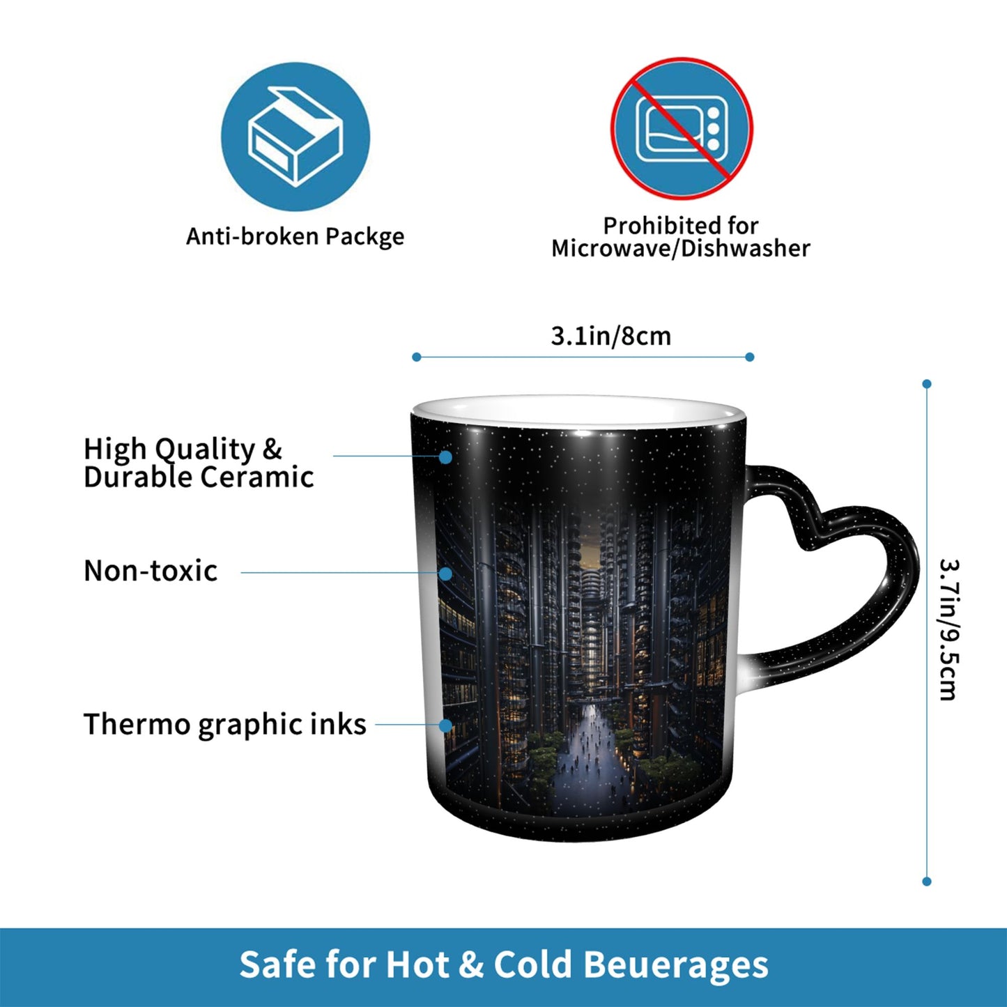 Cyber City Heat Sensitive Ceramic Mug – Black Heart Handle Color Changing Sci-Fi Cup