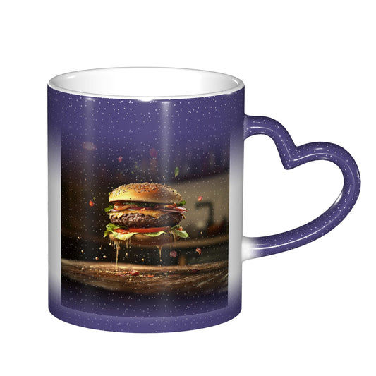 Burger Theme Color Changing Mug – Heart Handle Ceramic Cup with Heat Sensitive Ink