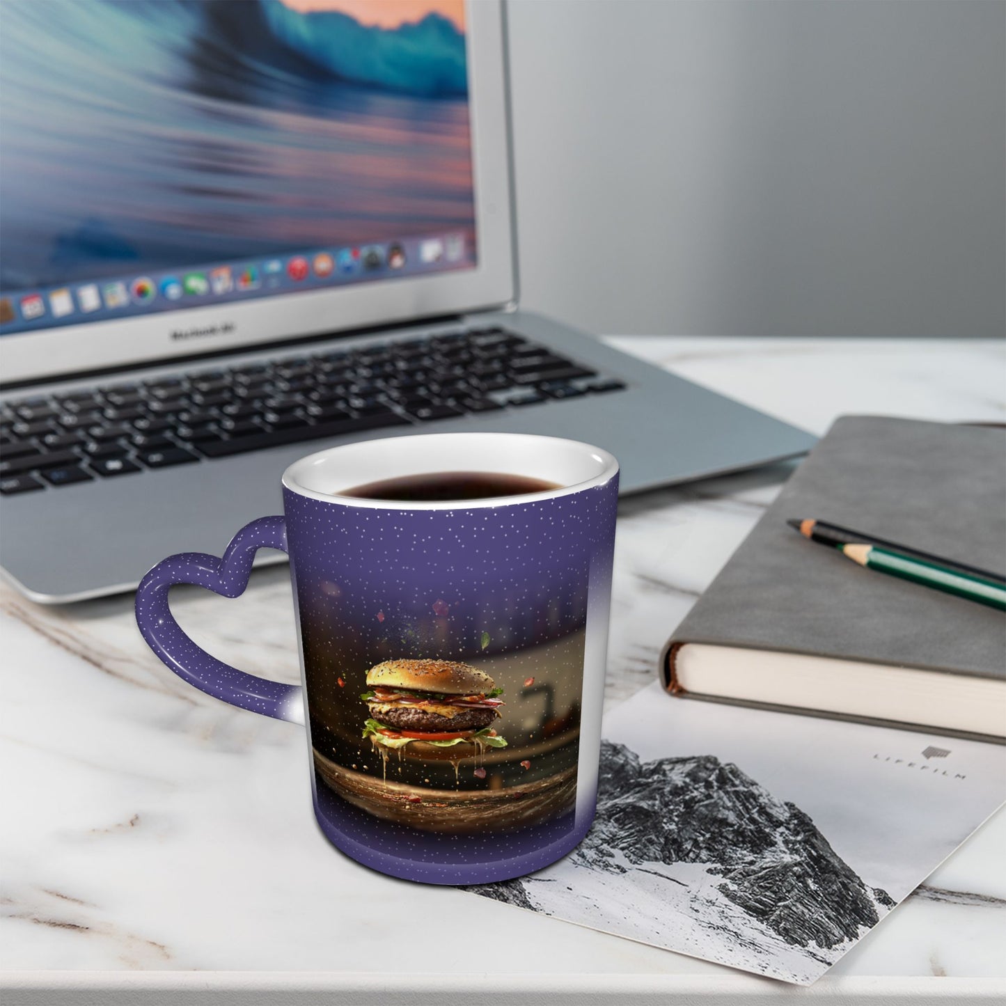 Burger Theme Color Changing Mug – Heart Handle Ceramic Cup with Heat Sensitive Ink