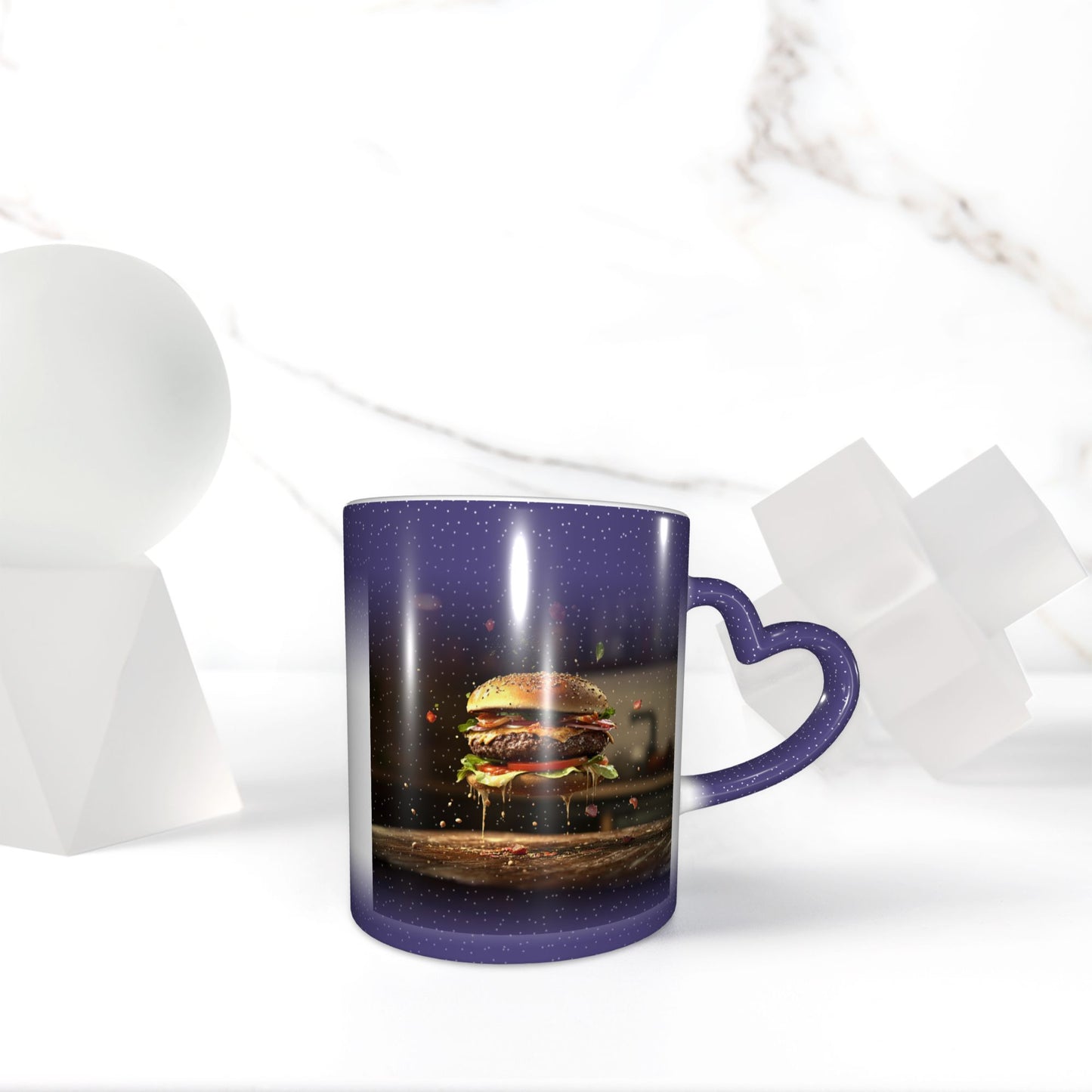Burger Theme Color Changing Mug – Heart Handle Ceramic Cup with Heat Sensitive Ink