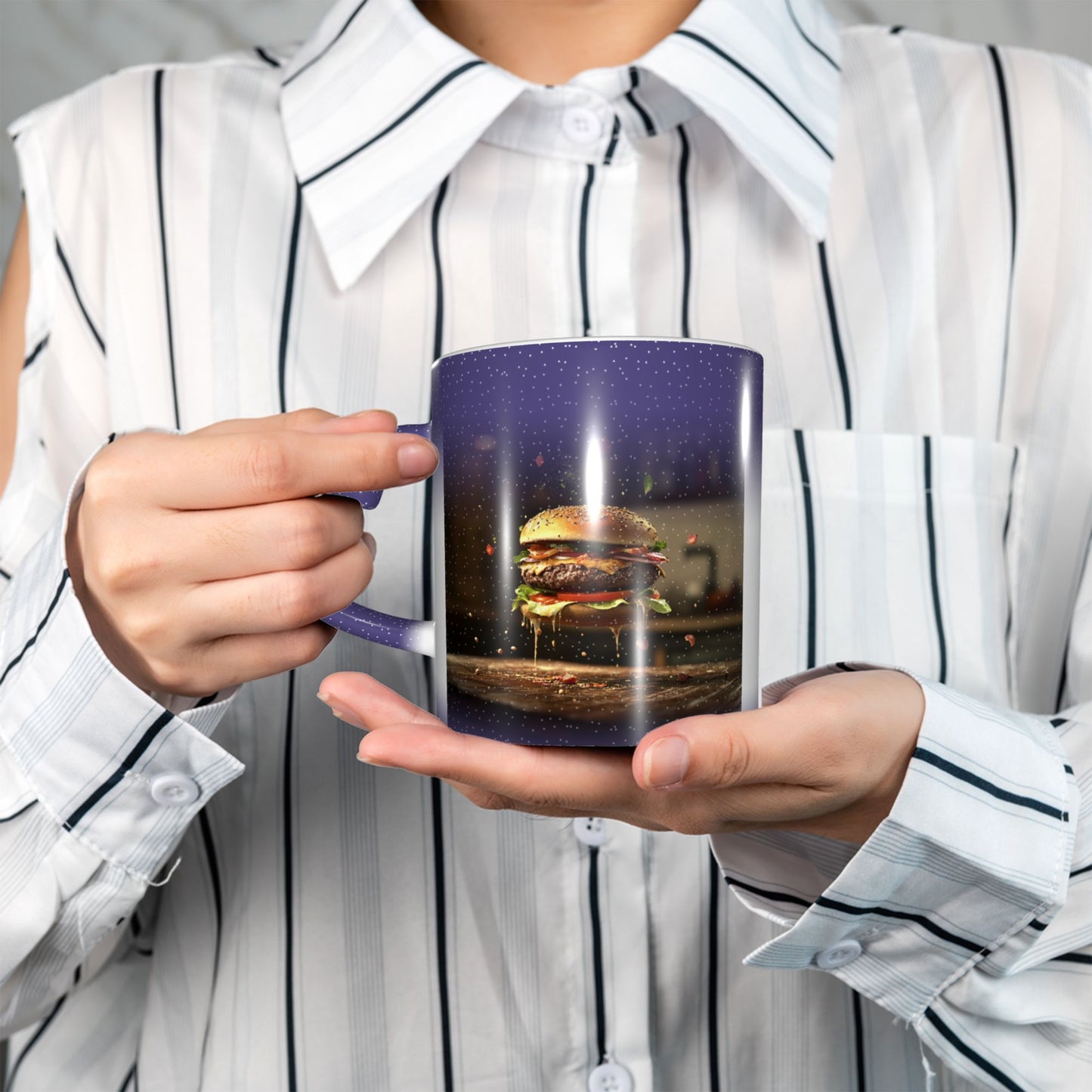 Burger Theme Color Changing Mug – Heart Handle Ceramic Cup with Heat Sensitive Ink