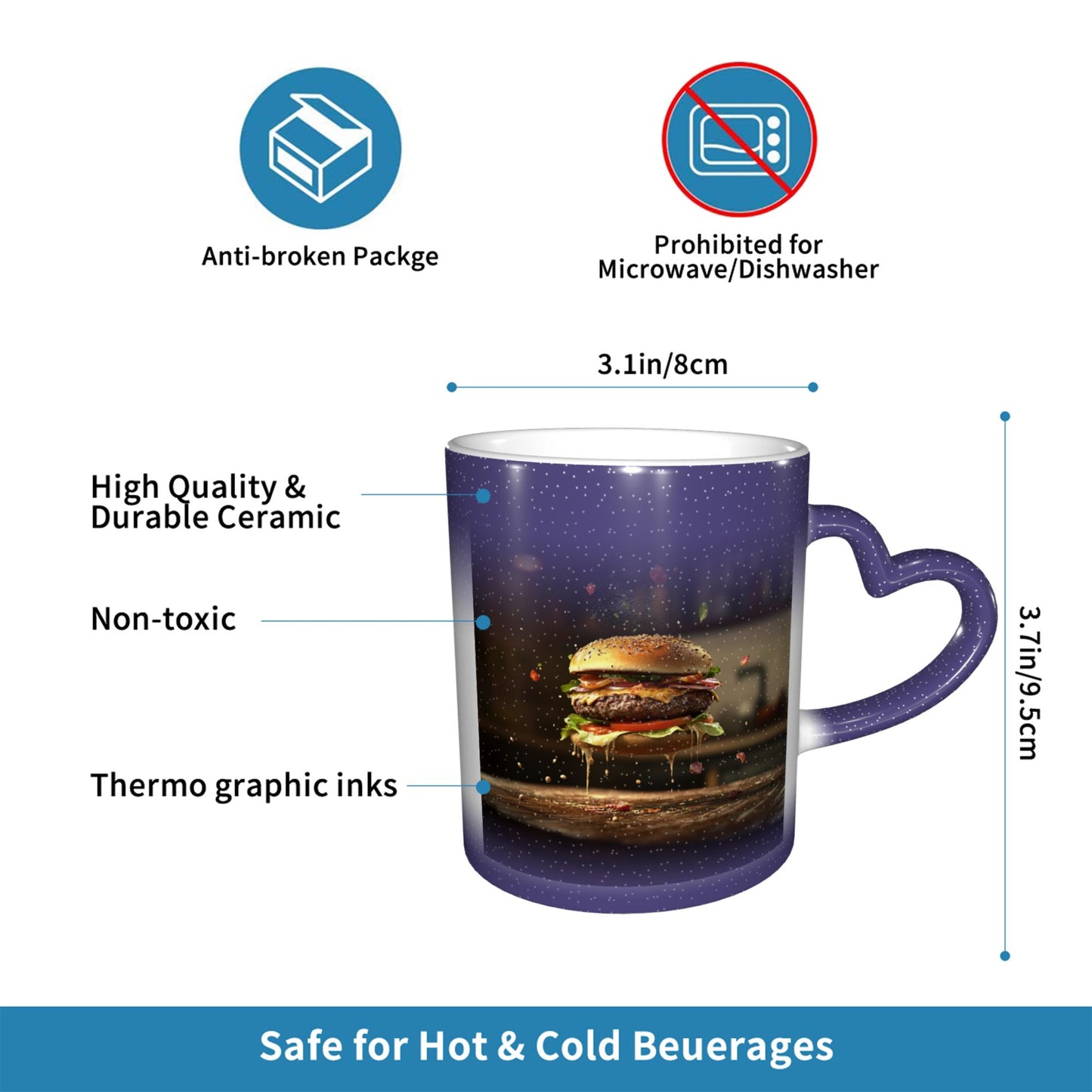 Burger Theme Color Changing Mug – Heart Handle Ceramic Cup with Heat Sensitive Ink