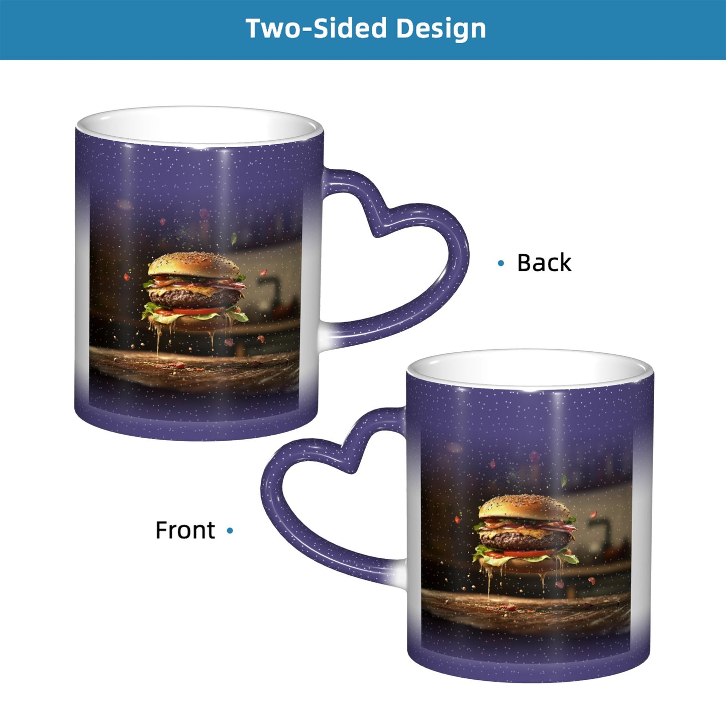 Burger Theme Color Changing Mug – Heart Handle Ceramic Cup with Heat Sensitive Ink