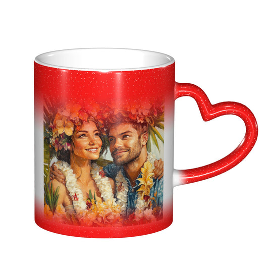 Romantic Couple Color Changing Mug – Red Heart Handle Ceramic Cup with Heat Sensitive Ink
