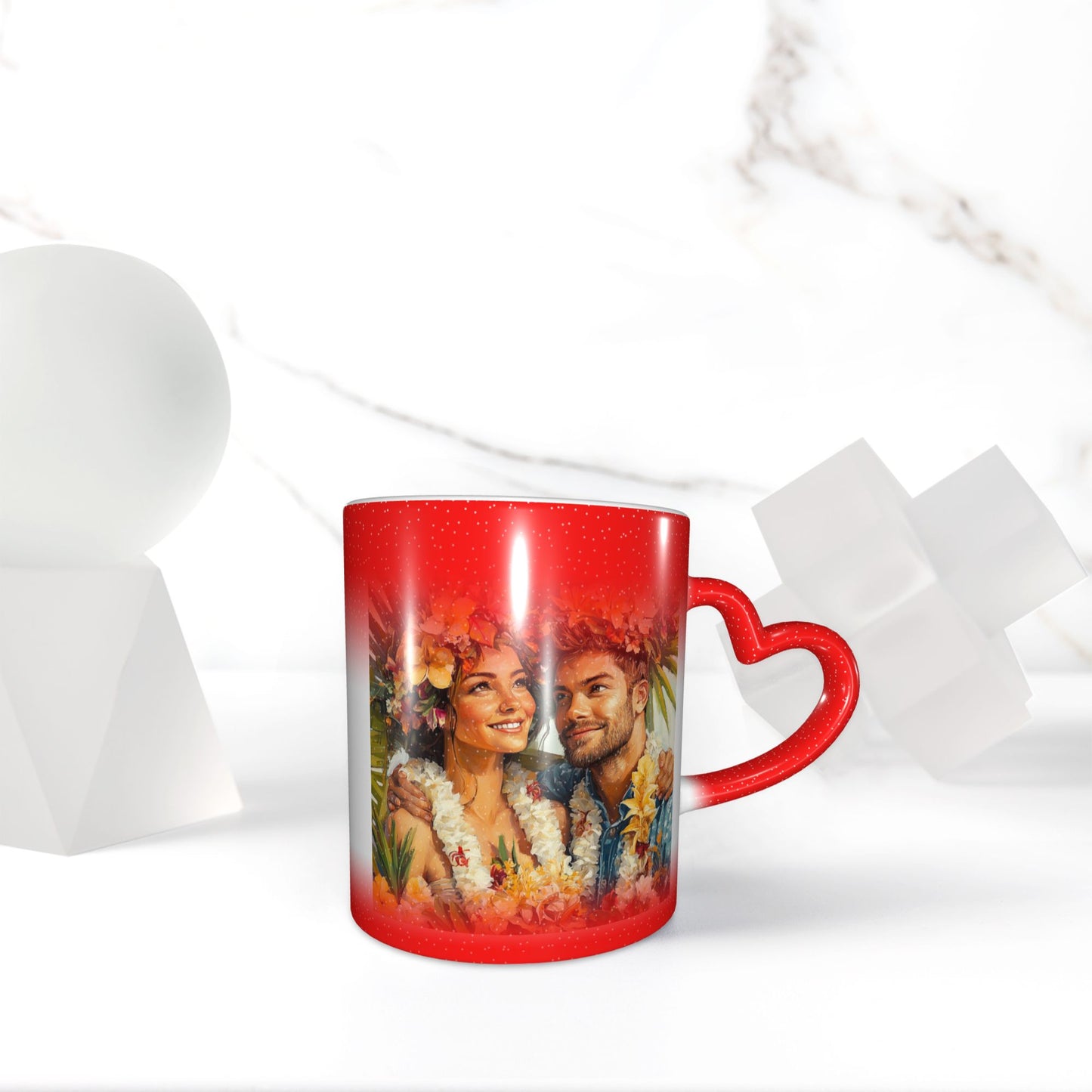 Romantic Couple Color Changing Mug – Red Heart Handle Ceramic Cup with Heat Sensitive Ink