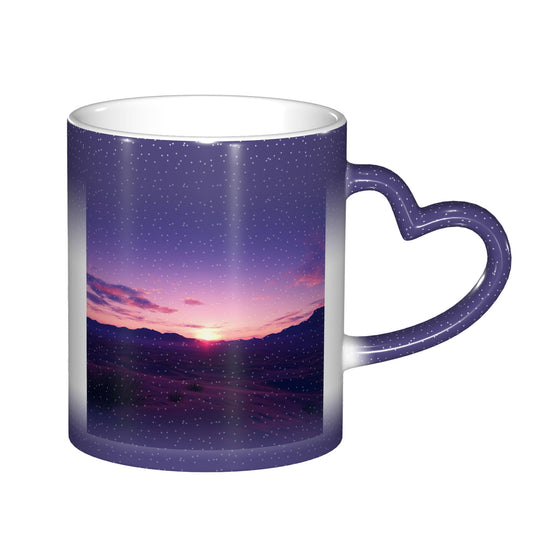 Sunset Landscape Color Changing Mug – Purple Heart Handle Ceramic Cup with Heat Sensitive Ink
