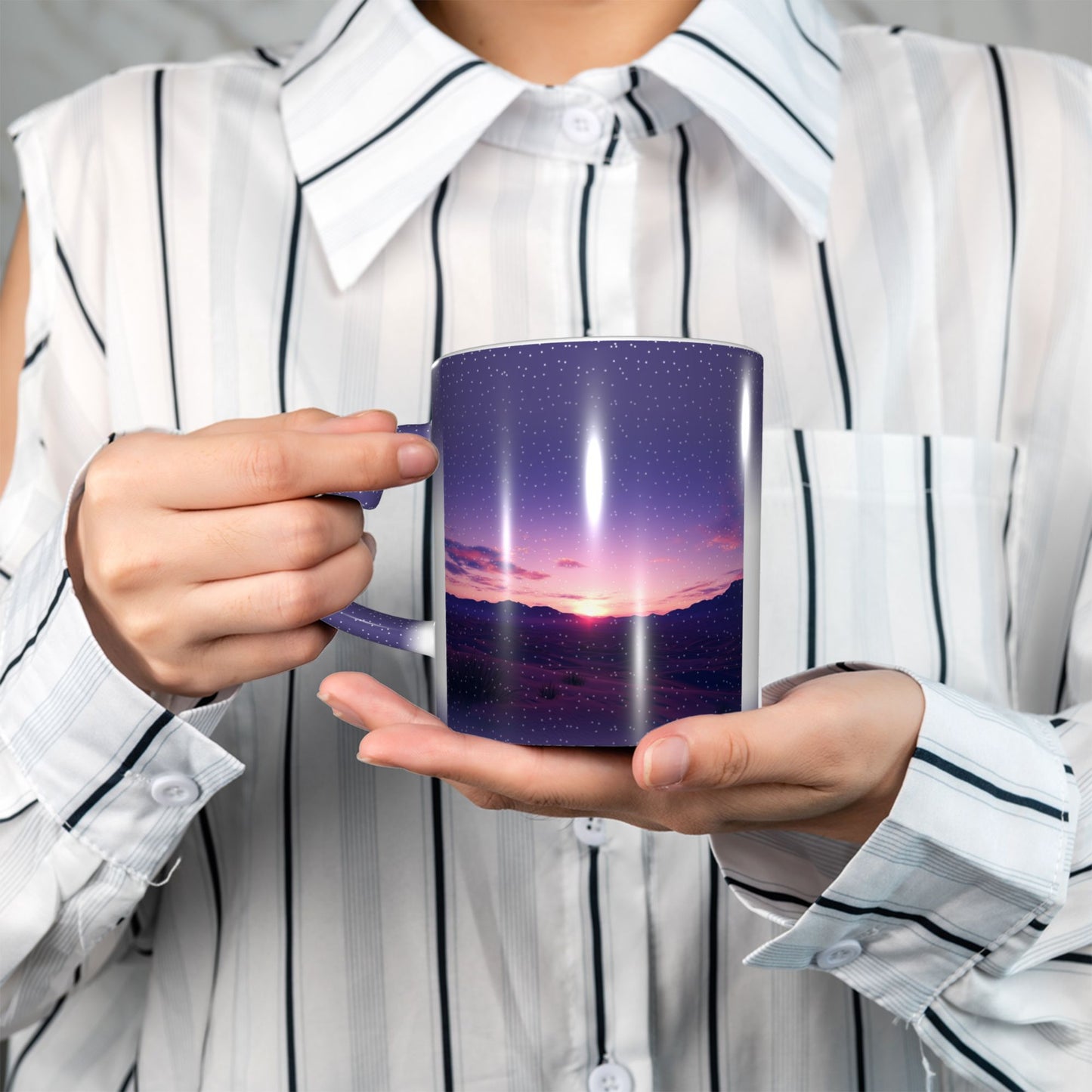 Sunset Landscape Color Changing Mug – Purple Heart Handle Ceramic Cup with Heat Sensitive Ink
