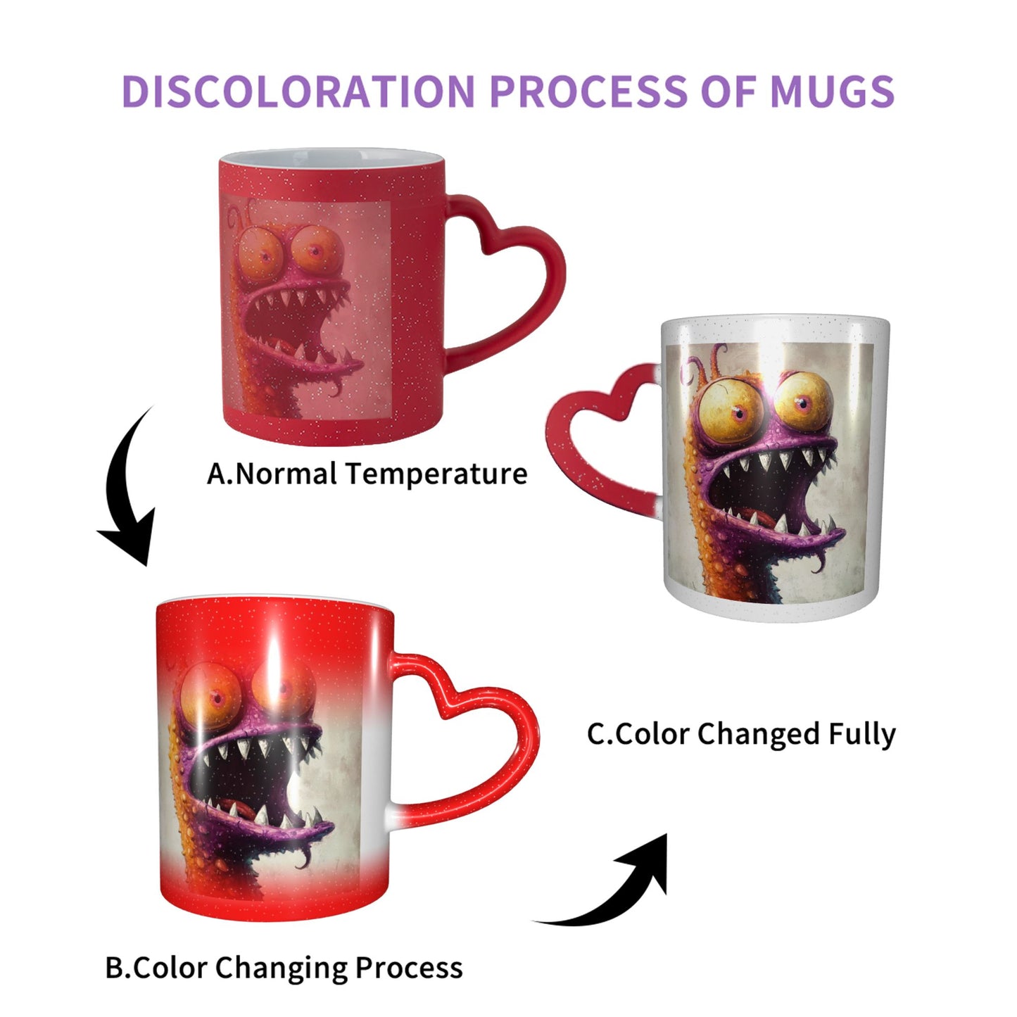 Funny Monster Color Changing Mug – Red Heart Handle Ceramic Cup with Heat Reactive Ink