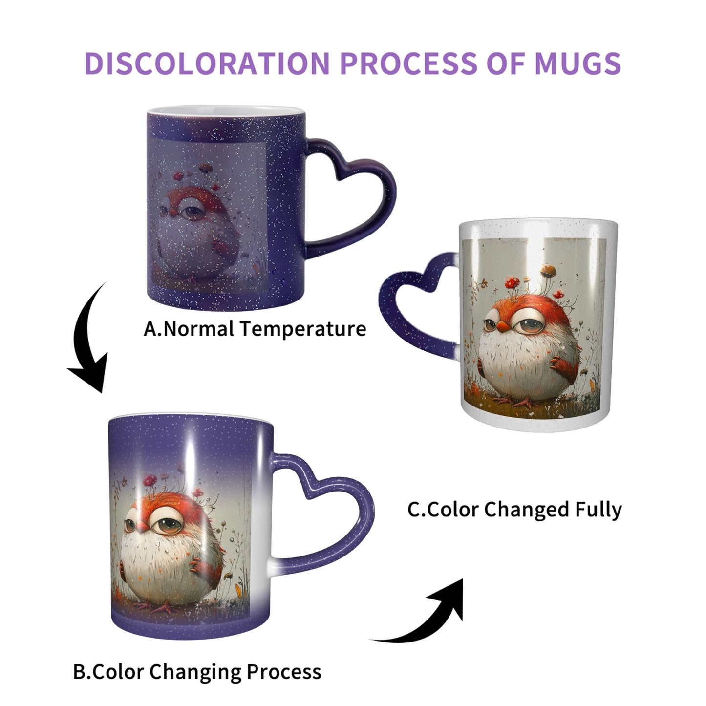 Cute Bird Color Changing Mug – Purple Heart Handle Ceramic Cup with Heat Reactive Ink
