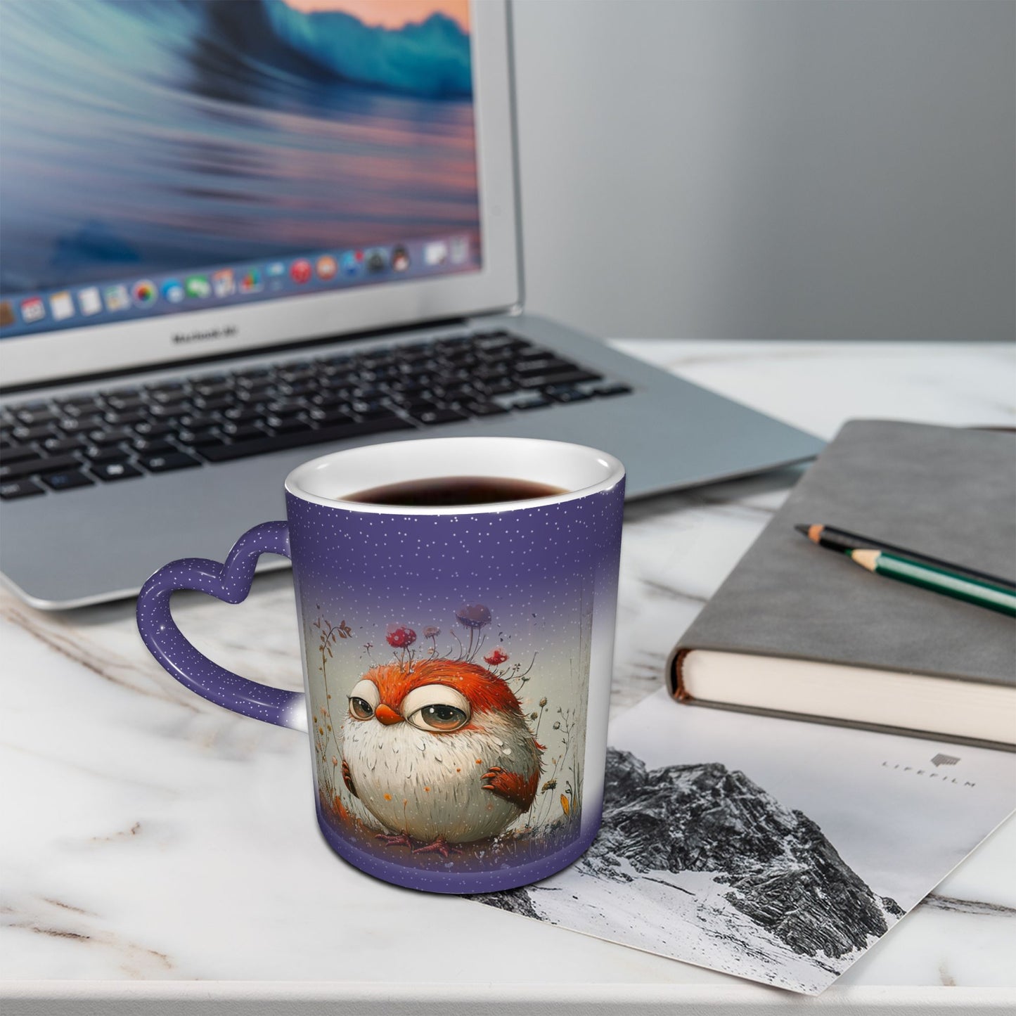 Cute Bird Color Changing Mug – Purple Heart Handle Ceramic Cup with Heat Reactive Ink