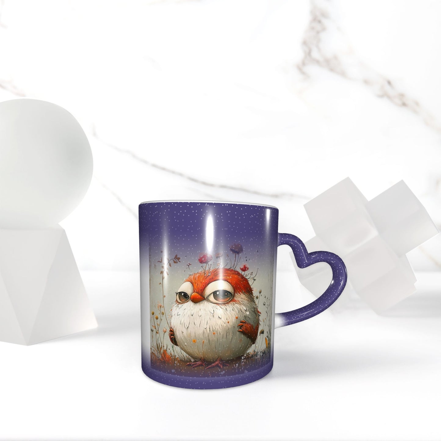 Cute Bird Color Changing Mug – Purple Heart Handle Ceramic Cup with Heat Reactive Ink