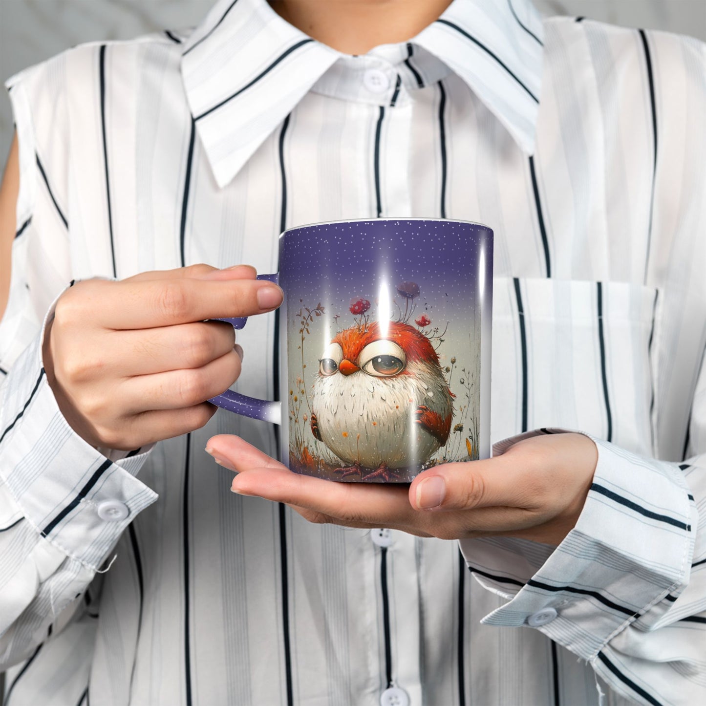 Cute Bird Color Changing Mug – Purple Heart Handle Ceramic Cup with Heat Reactive Ink