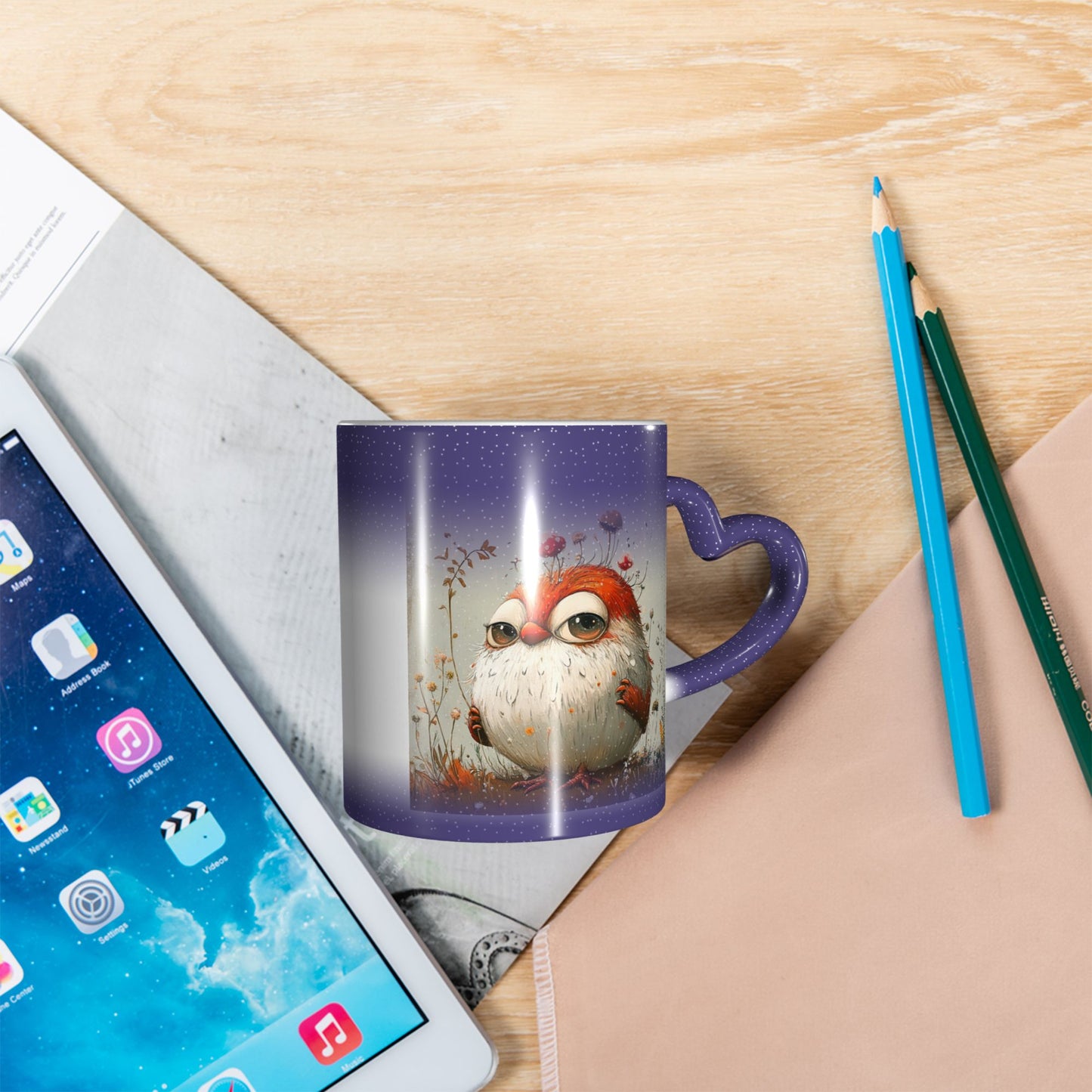 Cute Bird Color Changing Mug – Purple Heart Handle Ceramic Cup with Heat Reactive Ink