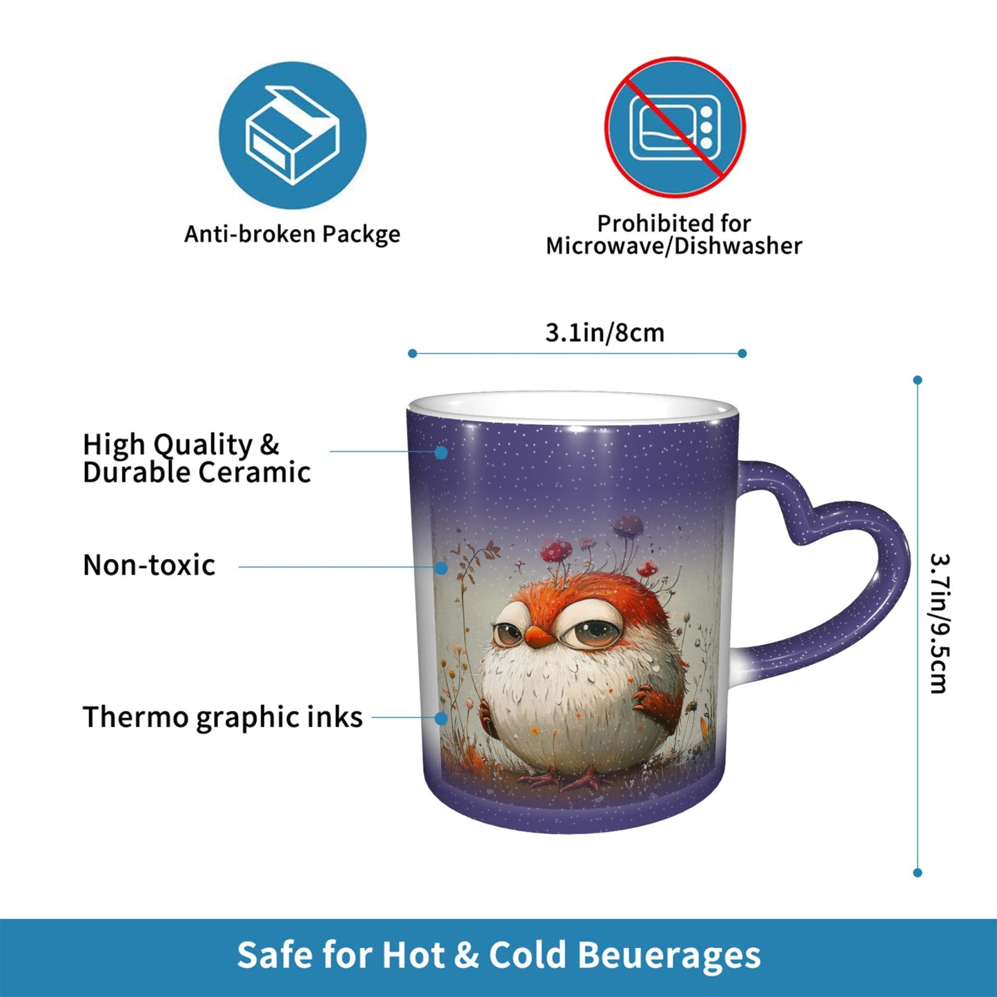 Cute Bird Color Changing Mug – Purple Heart Handle Ceramic Cup with Heat Reactive Ink