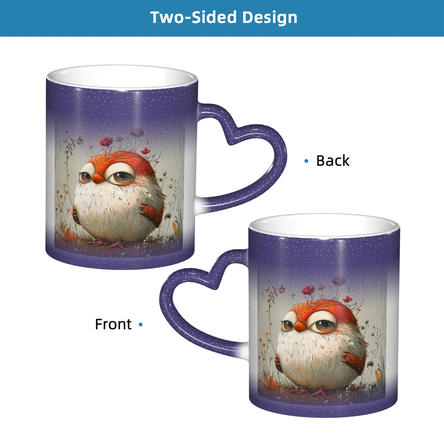 Cute Bird Color Changing Mug – Purple Heart Handle Ceramic Cup with Heat Reactive Ink