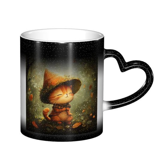 Forest Wizard Cat Color Changing Mug – Black Heart Handle Ceramic Cup with Heat Sensitive Ink