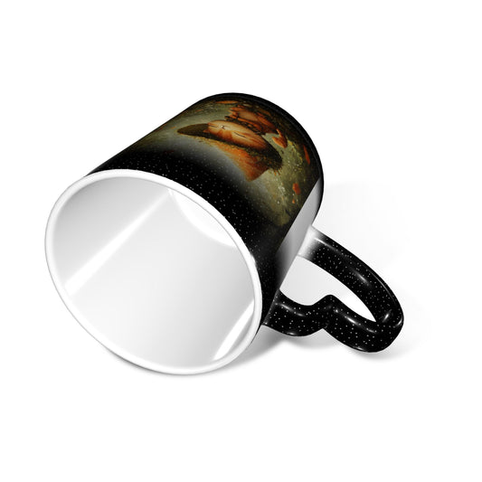 Forest Wizard Cat Color Changing Mug – Black Heart Handle Ceramic Cup with Heat Sensitive Ink