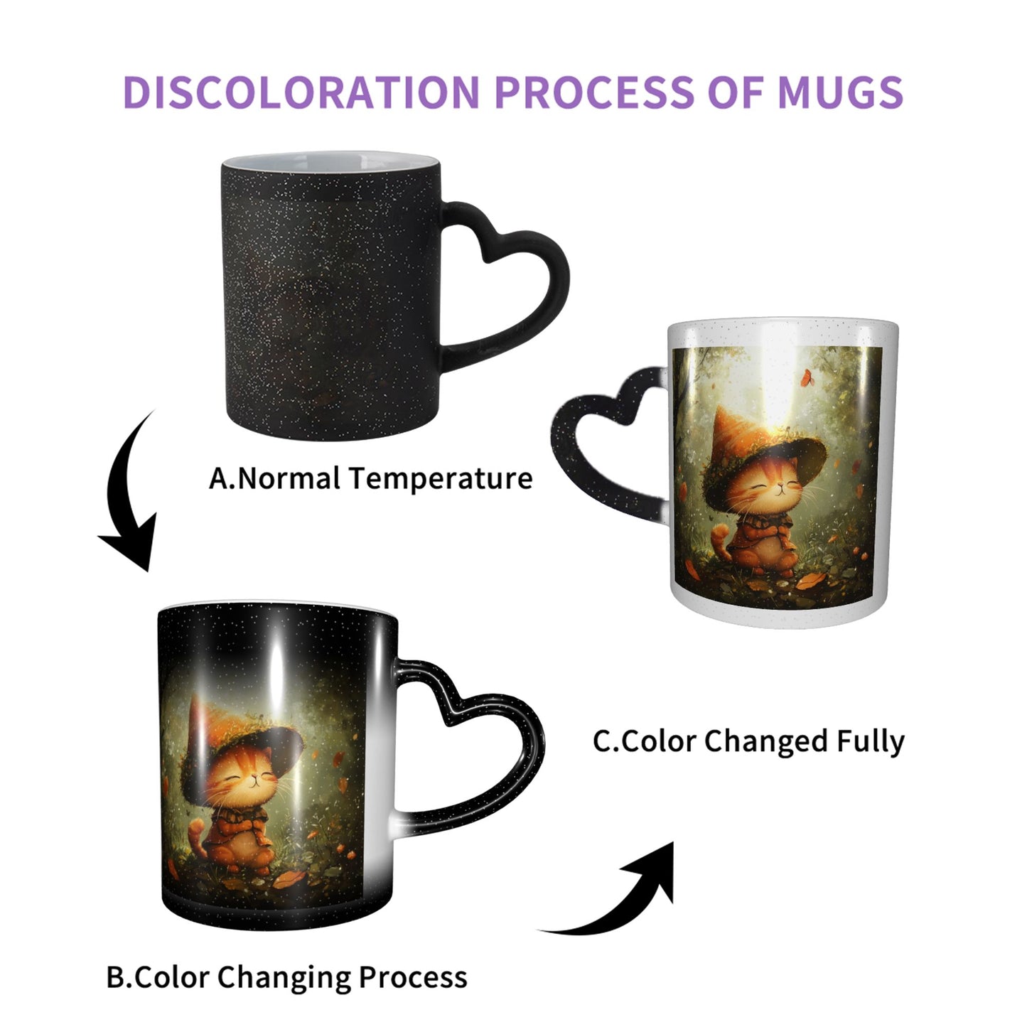 Forest Wizard Cat Color Changing Mug – Black Heart Handle Ceramic Cup with Heat Sensitive Ink