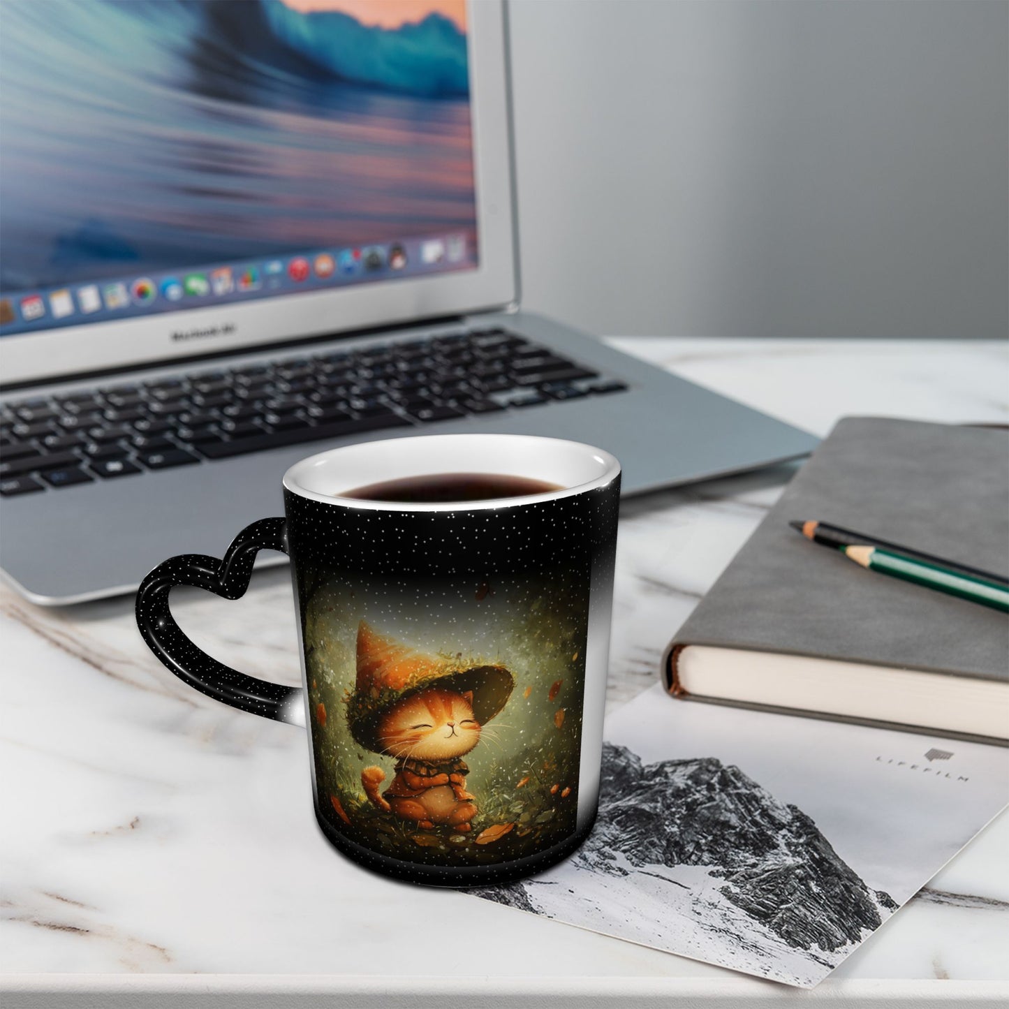 Forest Wizard Cat Color Changing Mug – Black Heart Handle Ceramic Cup with Heat Sensitive Ink