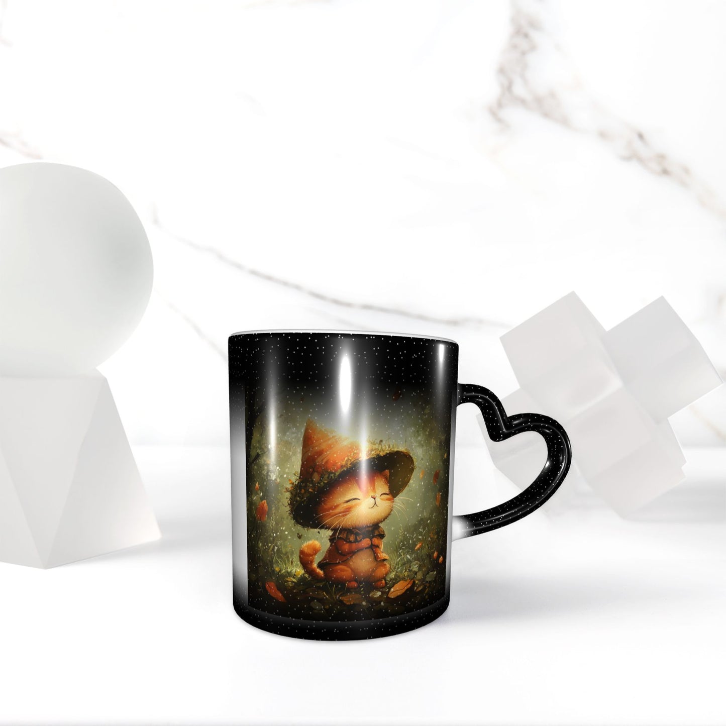 Forest Wizard Cat Color Changing Mug – Black Heart Handle Ceramic Cup with Heat Sensitive Ink