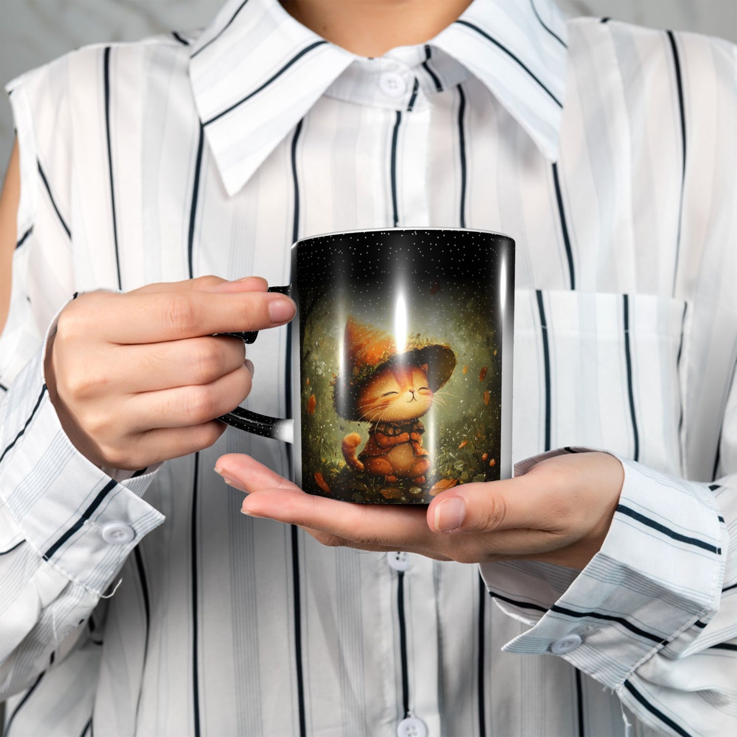 Forest Wizard Cat Color Changing Mug – Black Heart Handle Ceramic Cup with Heat Sensitive Ink