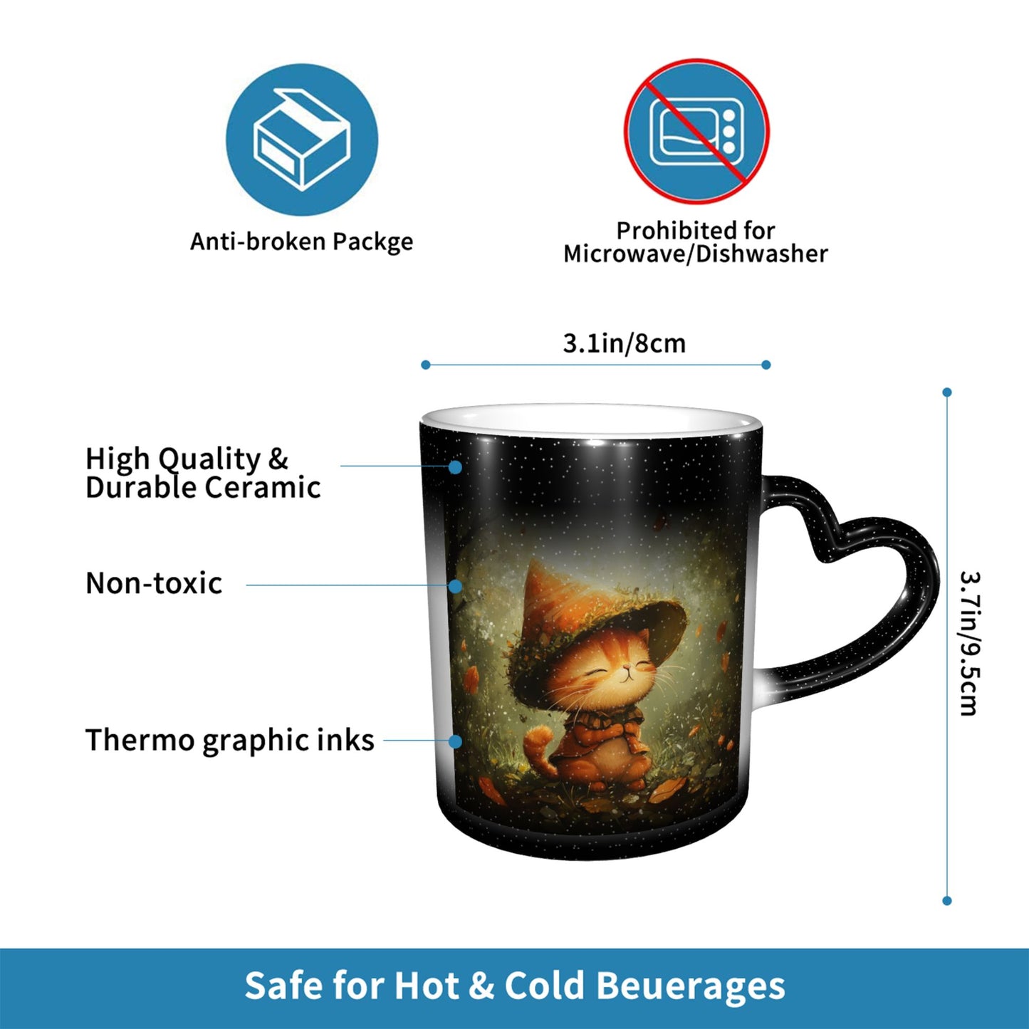 Forest Wizard Cat Color Changing Mug – Black Heart Handle Ceramic Cup with Heat Sensitive Ink