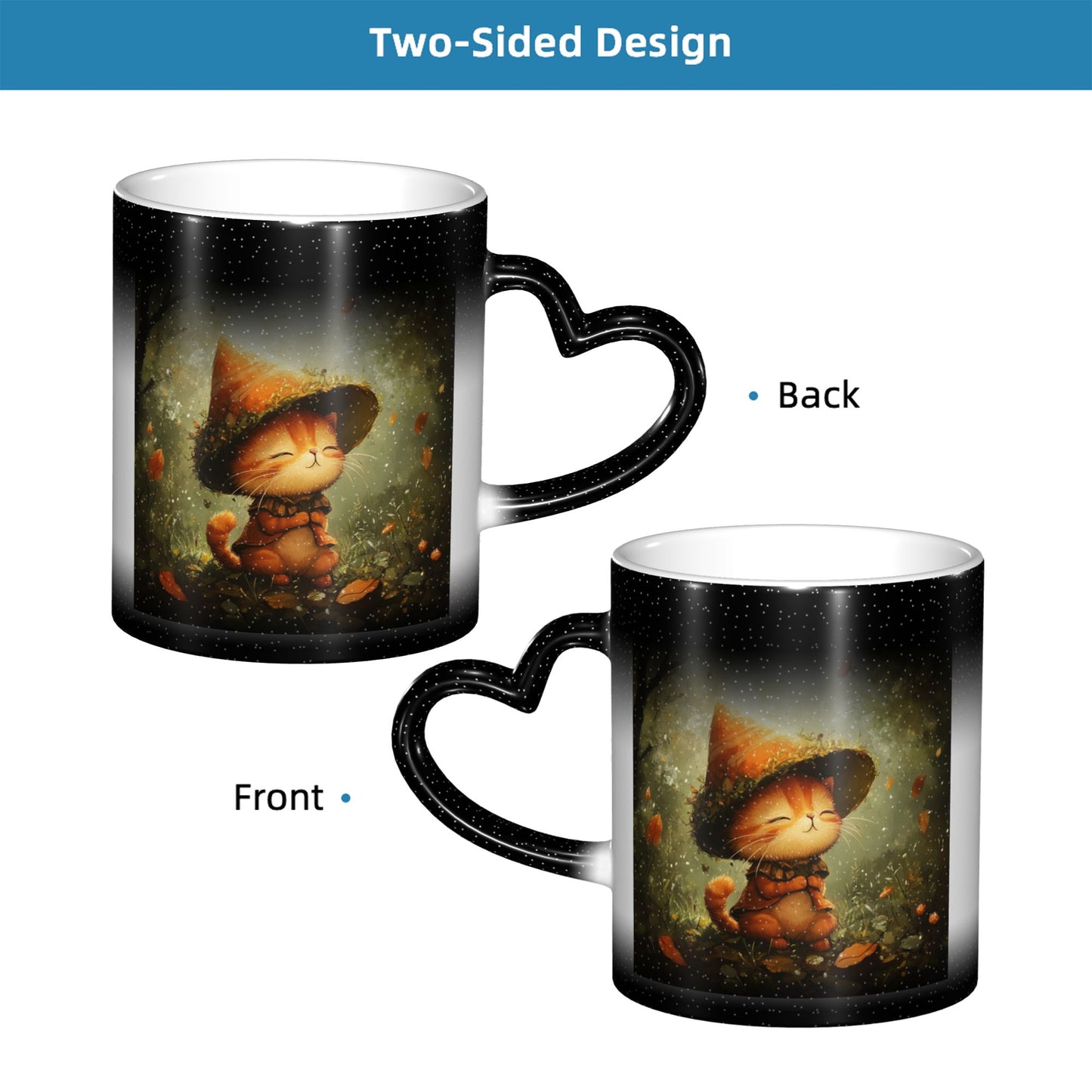 Forest Wizard Cat Color Changing Mug – Black Heart Handle Ceramic Cup with Heat Sensitive Ink