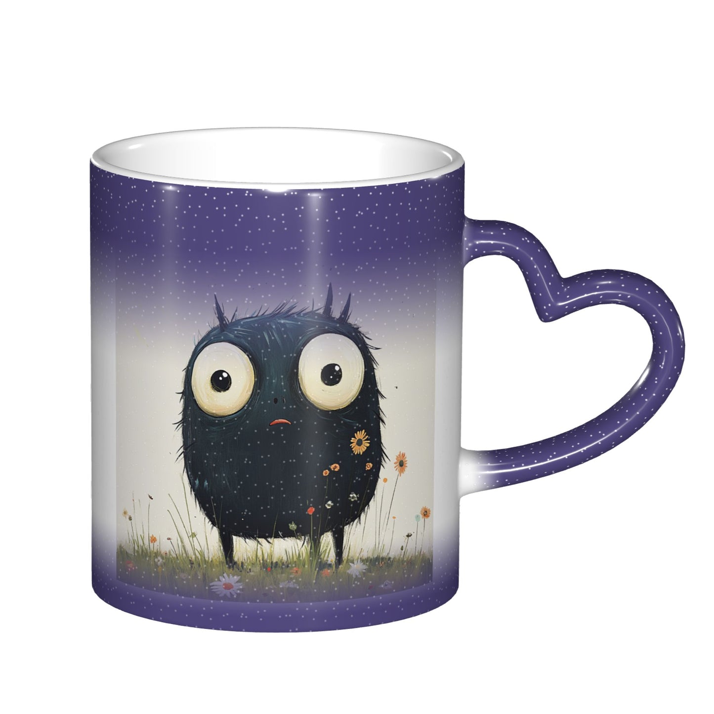 Cute Furry Monster Color Changing Mug – Purple Heart Handle Ceramic Cup with Heat Sensitive Ink