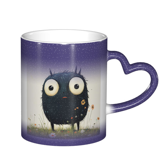 Cute Furry Monster Color Changing Mug – Purple Heart Handle Ceramic Cup with Heat Sensitive Ink