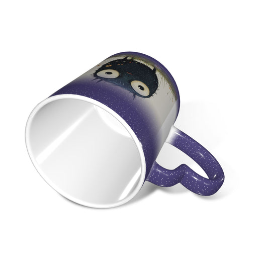 Cute Furry Monster Color Changing Mug – Purple Heart Handle Ceramic Cup with Heat Sensitive Ink