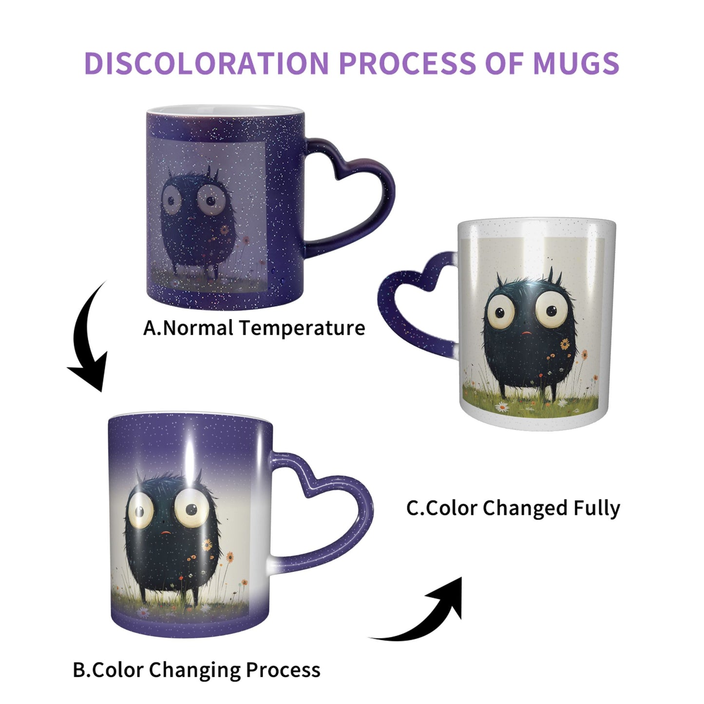 Cute Furry Monster Color Changing Mug – Purple Heart Handle Ceramic Cup with Heat Sensitive Ink