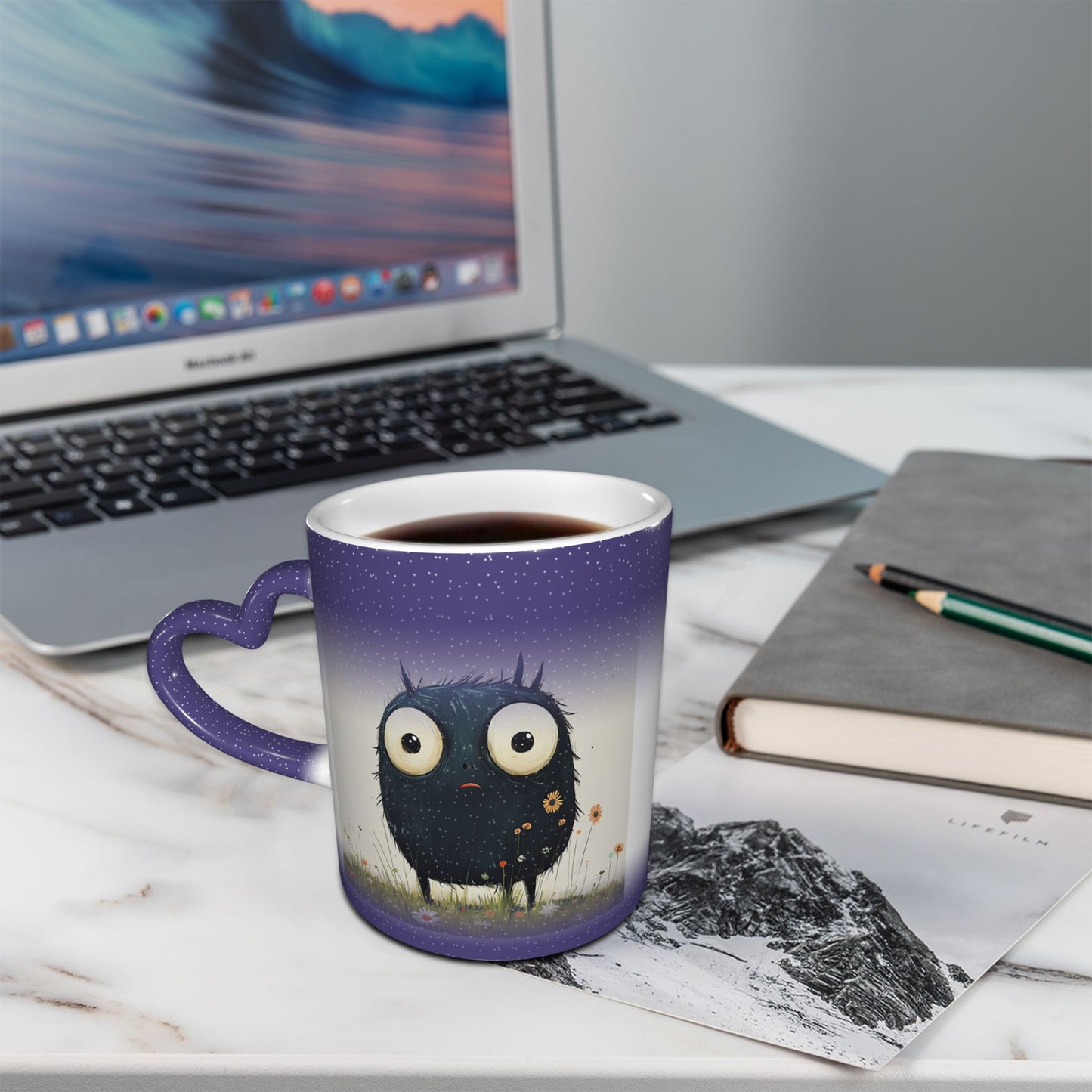 Cute Furry Monster Color Changing Mug – Purple Heart Handle Ceramic Cup with Heat Sensitive Ink