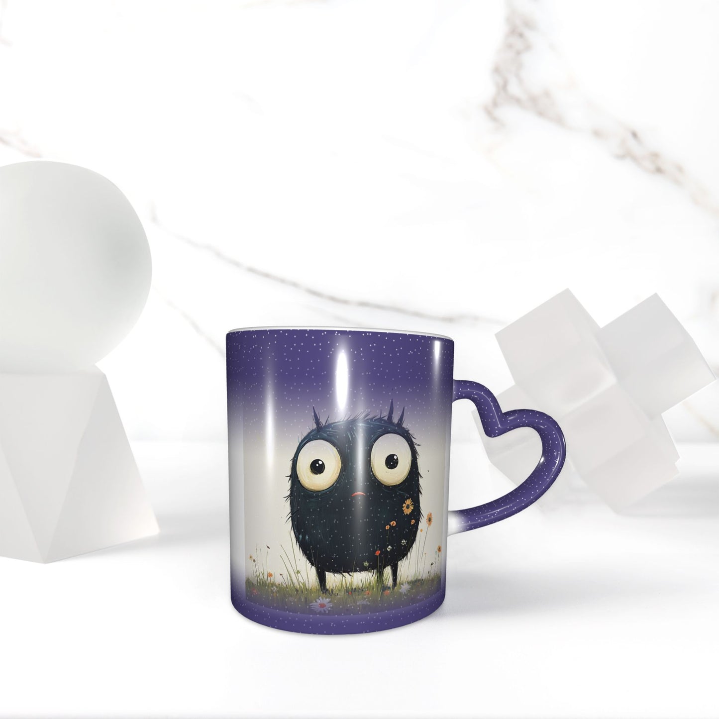 Cute Furry Monster Color Changing Mug – Purple Heart Handle Ceramic Cup with Heat Sensitive Ink