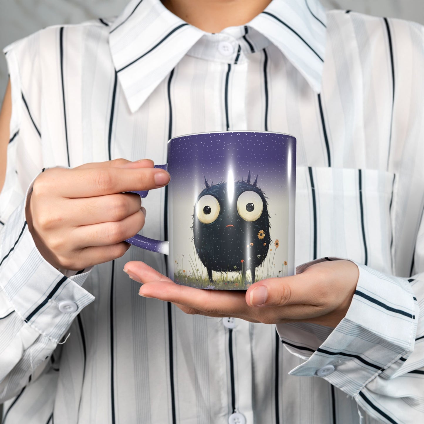 Cute Furry Monster Color Changing Mug – Purple Heart Handle Ceramic Cup with Heat Sensitive Ink