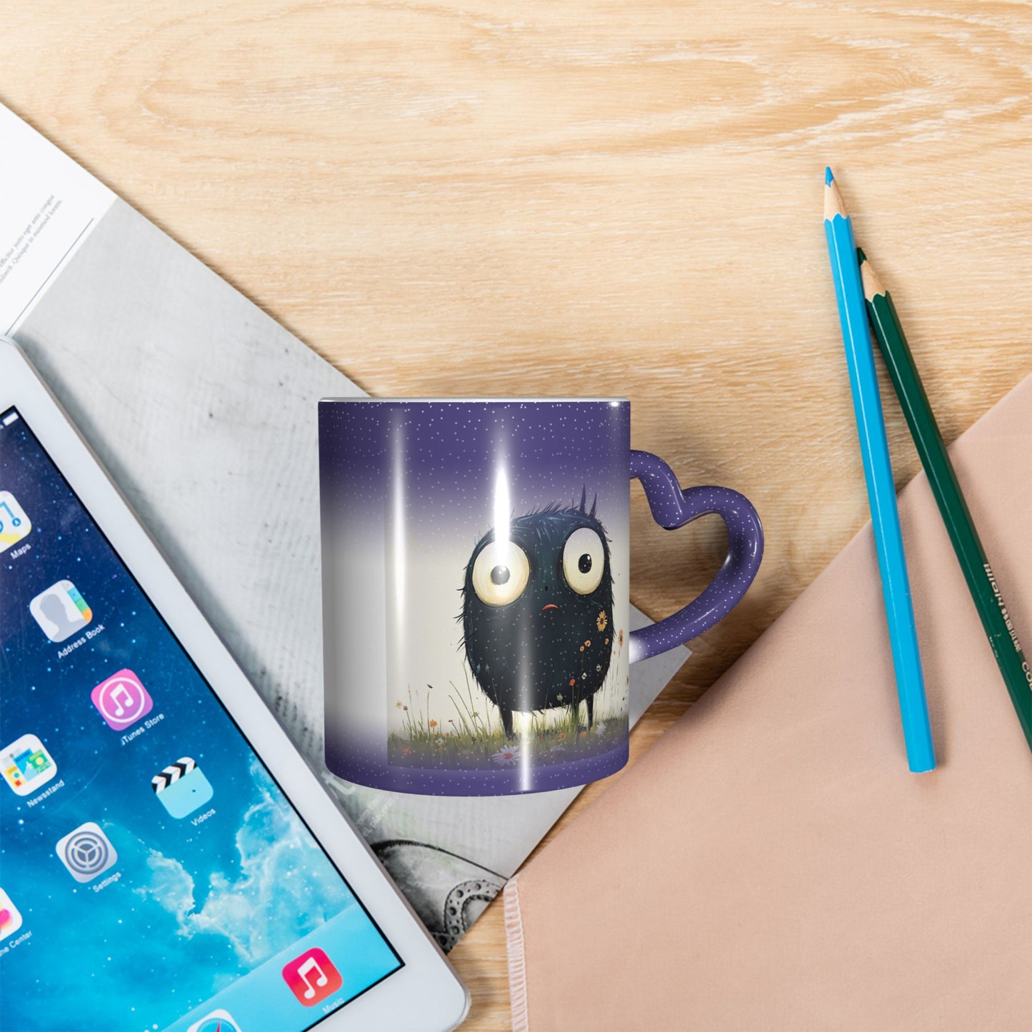 Cute Furry Monster Color Changing Mug – Purple Heart Handle Ceramic Cup with Heat Sensitive Ink